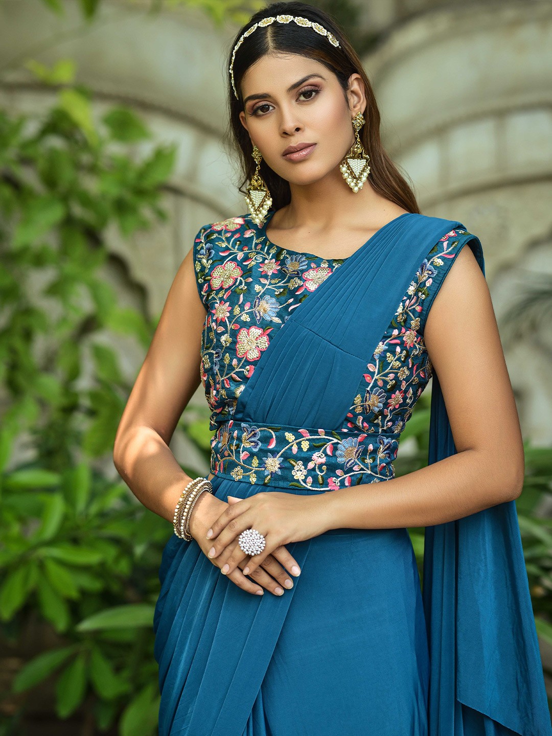 Solid Accordian Pleat Ruffles Ready to Wear Saree