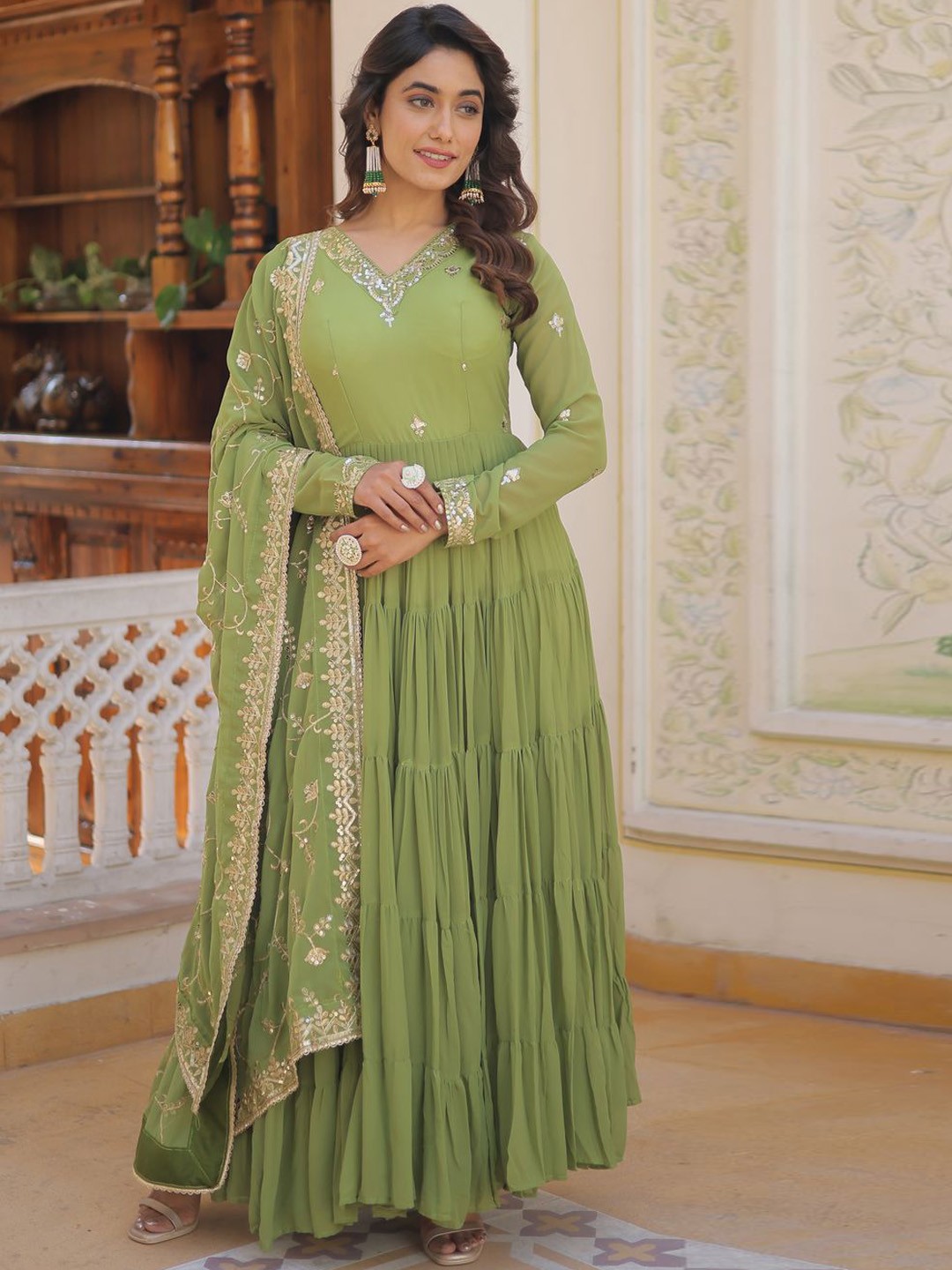Floral Embroidered Tiered Maxi Anarkali