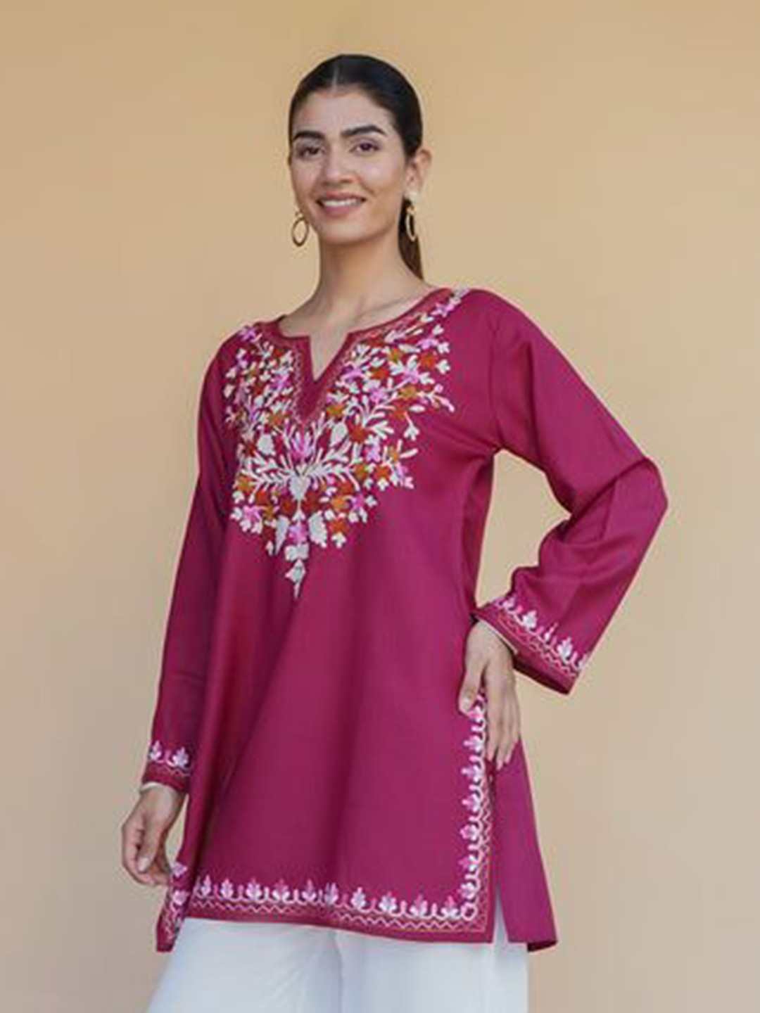 Floral Embroidered Notch Neck Pure Cotton Short Kurta