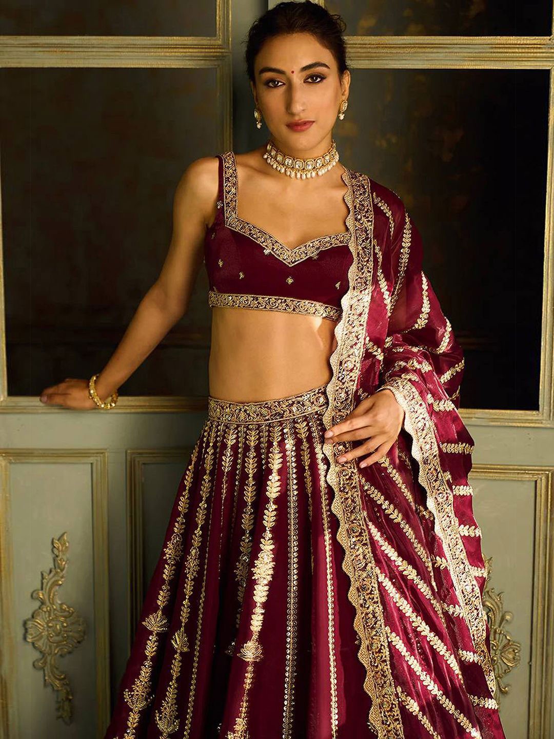 Embroidered Sequinned Semi-Stitched Lehenga 