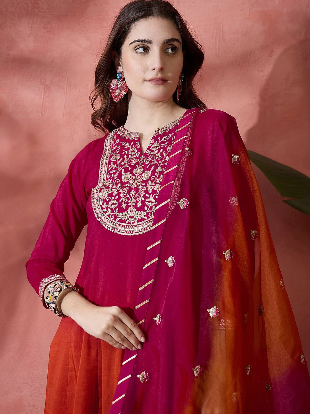 Pink Floral Embroidered Mandarin Collar A-Line Kurta 