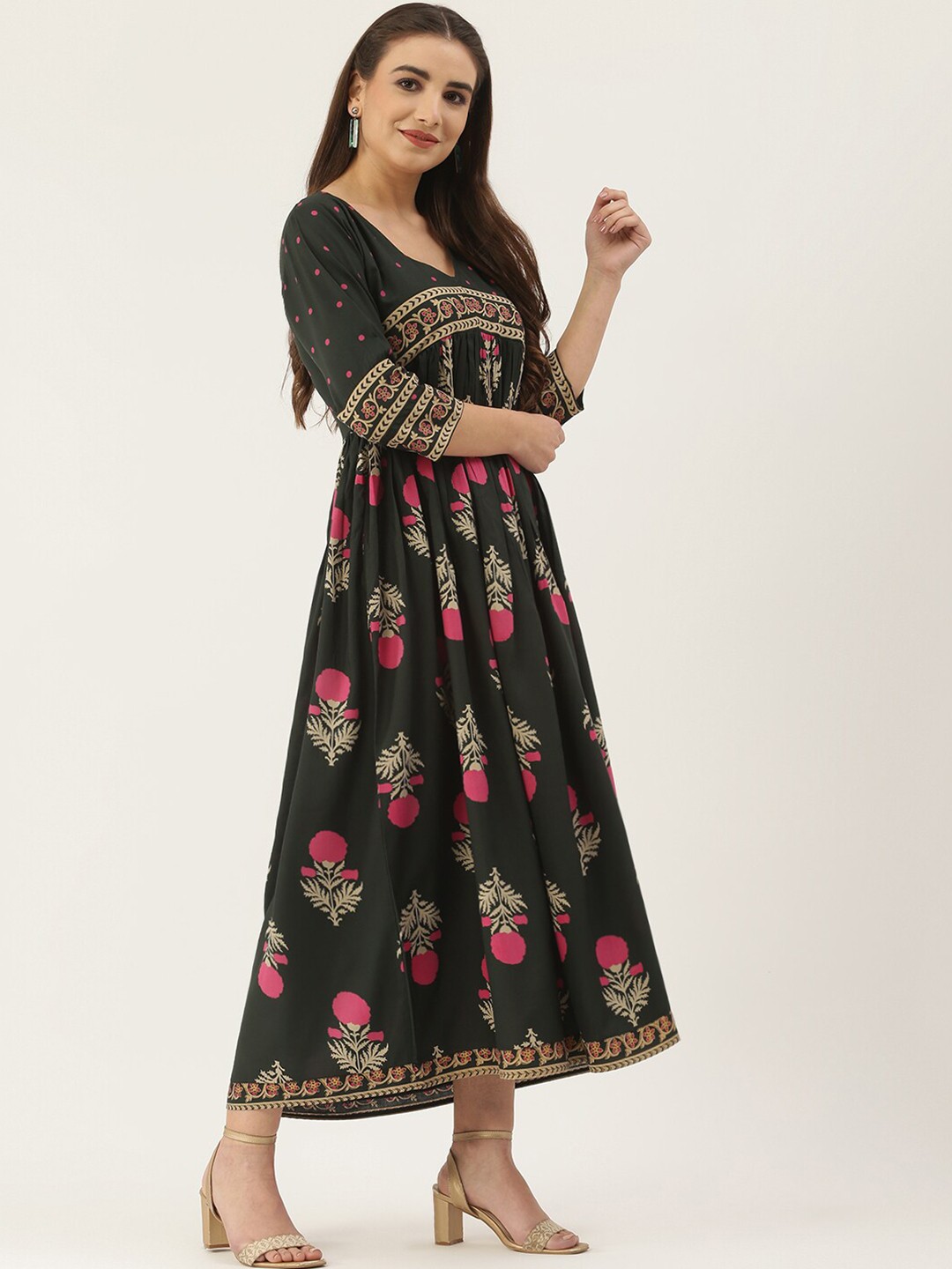 Green & Pink Flora Maxi Dress