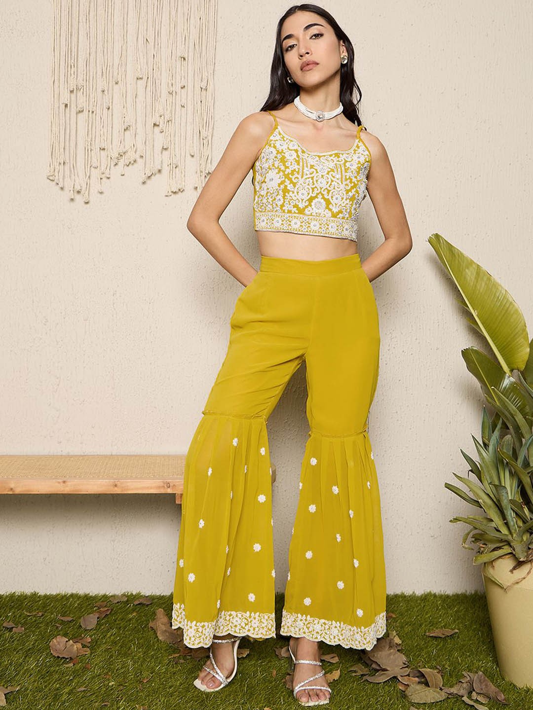 Floral Embroidered Shoulder Straps Top with Sharara & Dupatta