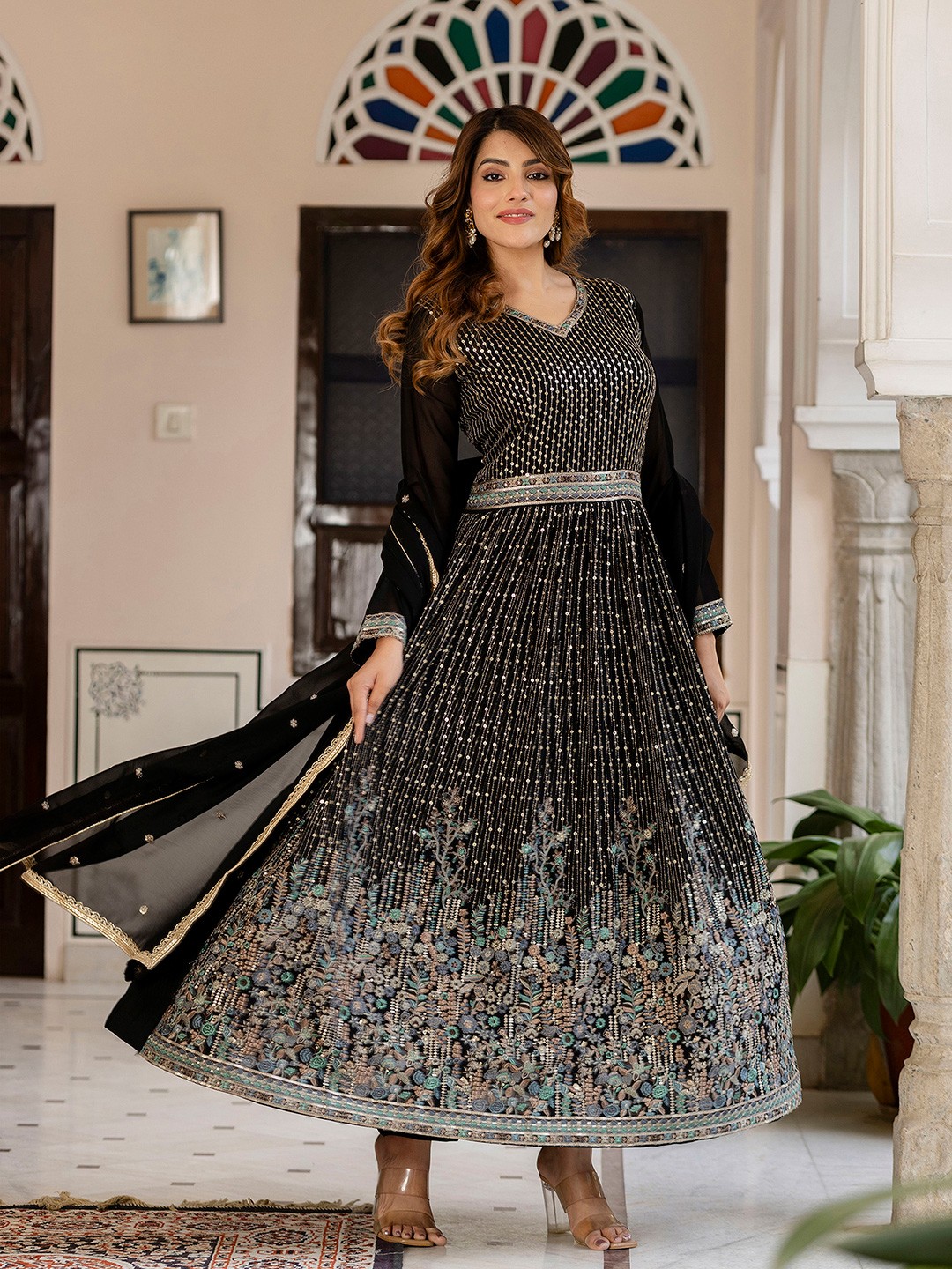 Floral Embroidered V-Neck Sequinned Georgette Kurta With Trousers & Dupatta