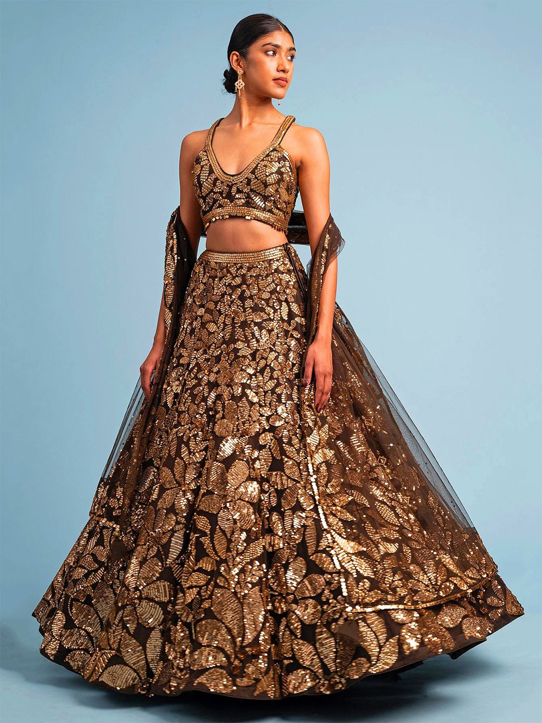 Embroidered Sequinned Net Lehenga & Unstitched Blouse With Dupatta