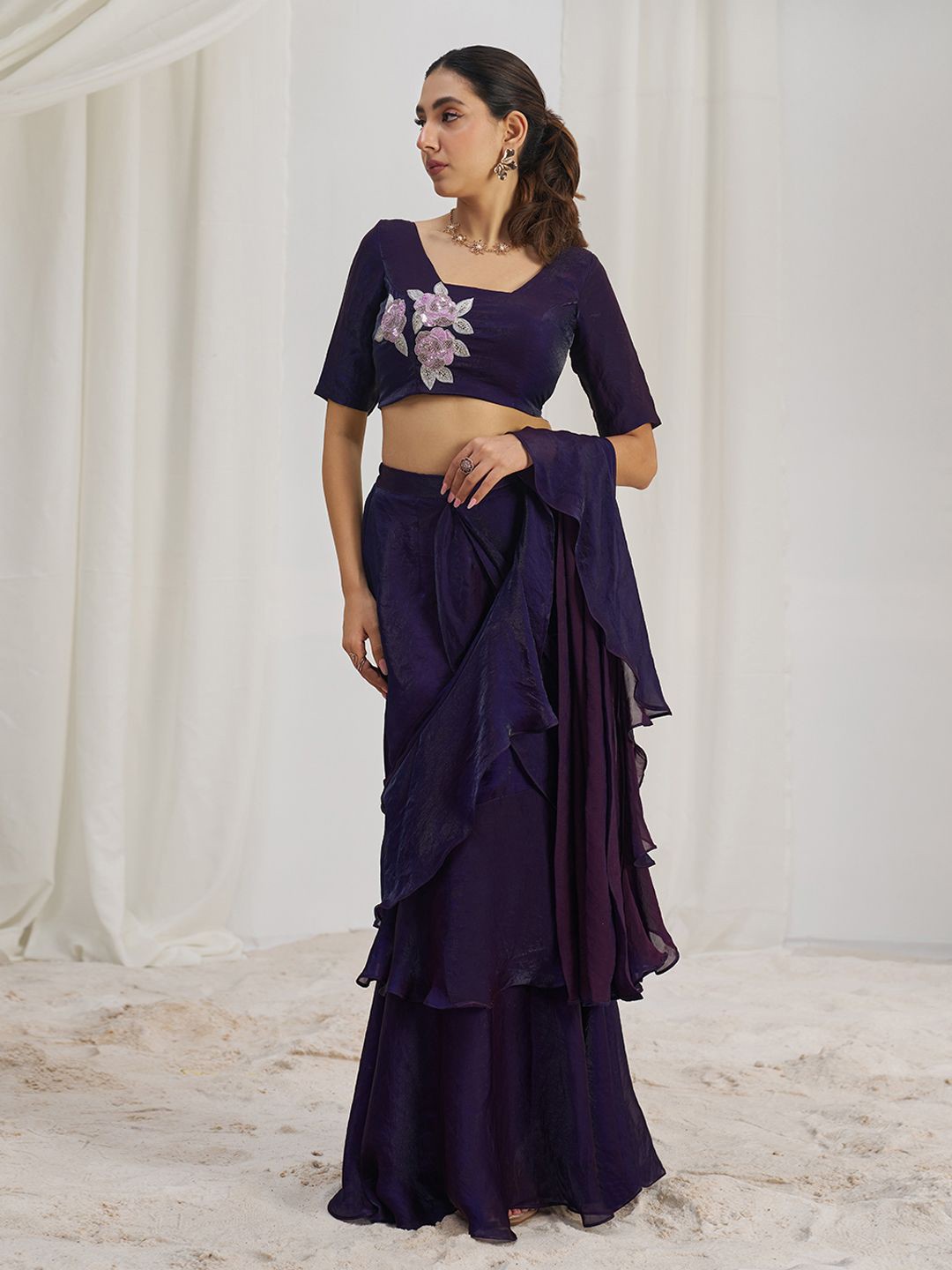 Ready To Wear Ruffle Saree with Hand Work Embroidered Blouse