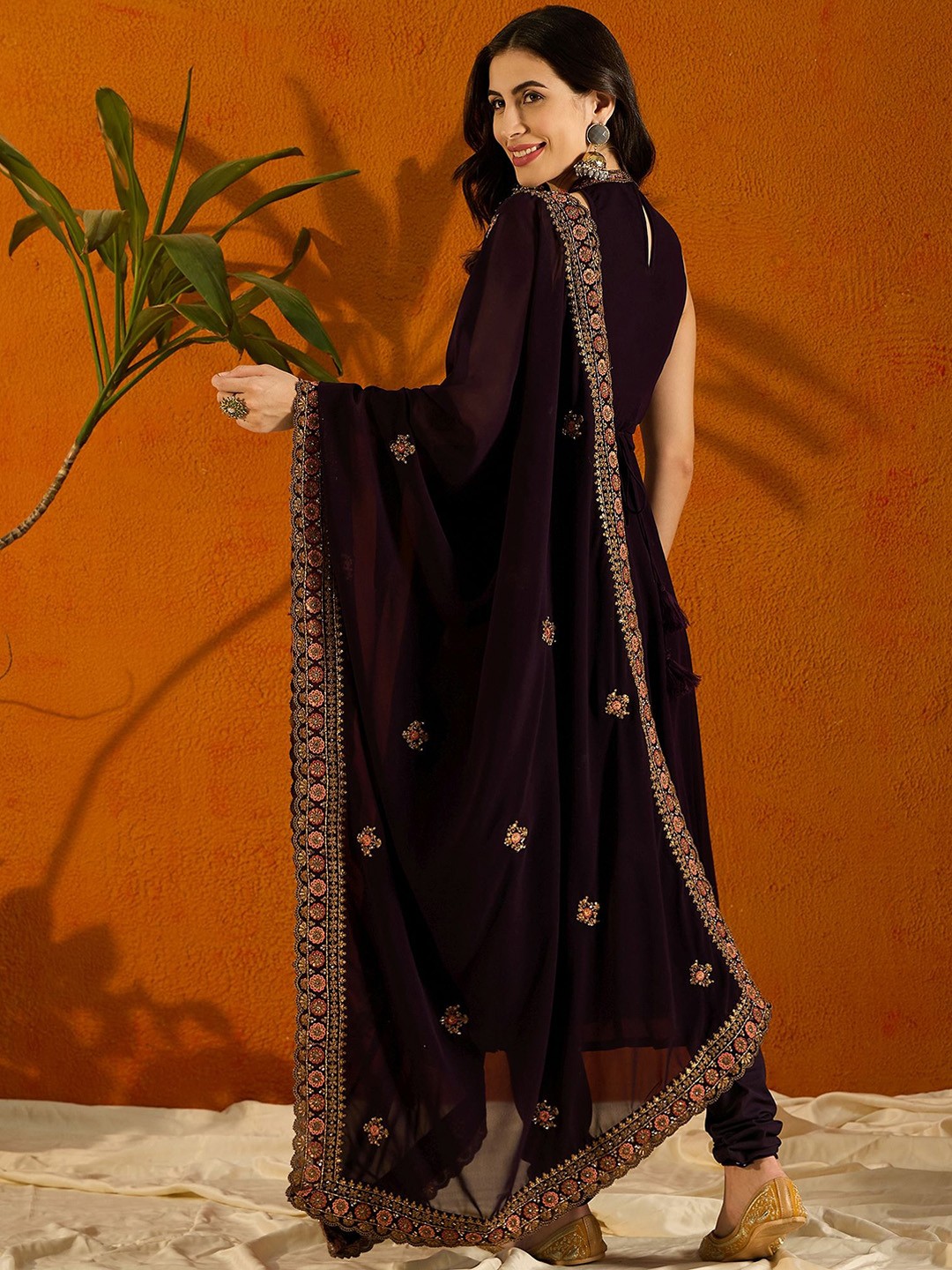 Embroidered Anarkali Beads And Stones Kurta with Trousers & Dupatta