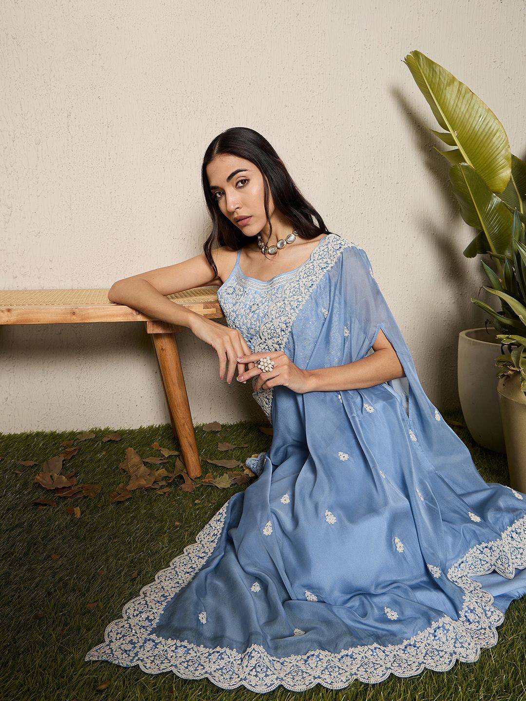Floral Embroidered Beads And Stones Straight Kurta With Palazzos & Dupatta