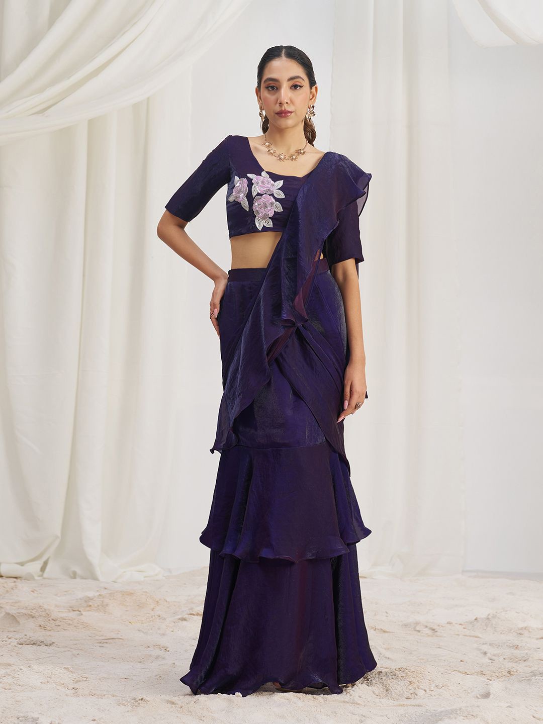 Ready To Wear Ruffle Saree with Hand Work Embroidered Blouse