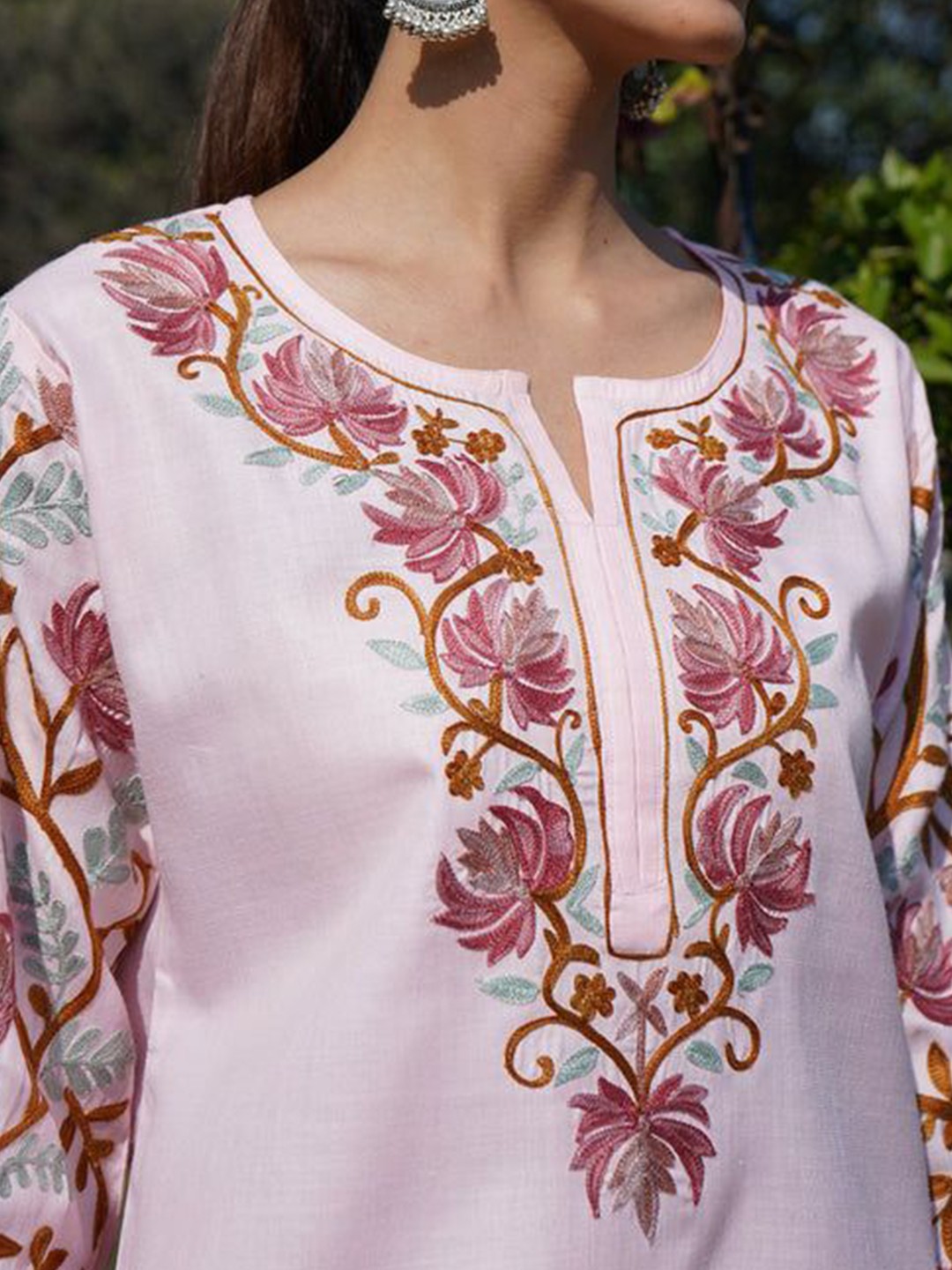 Pink Floral Embroidered Pure Cotton Short Kurti