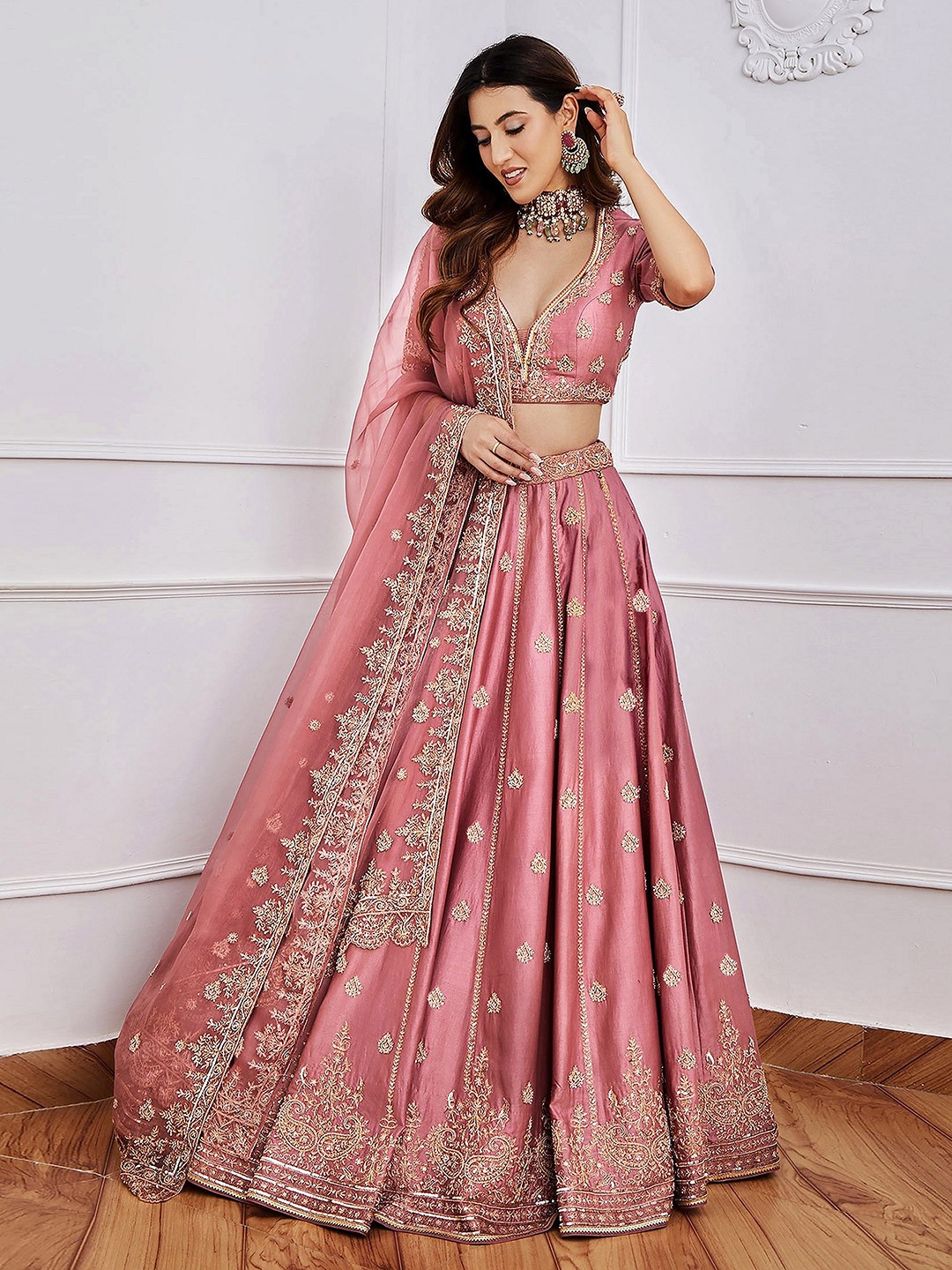 Embroidered Sequinned Semi-Stitched Lehenga