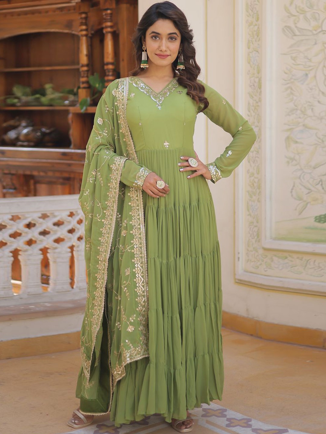Floral Embroidered Tiered Maxi Anarkali
