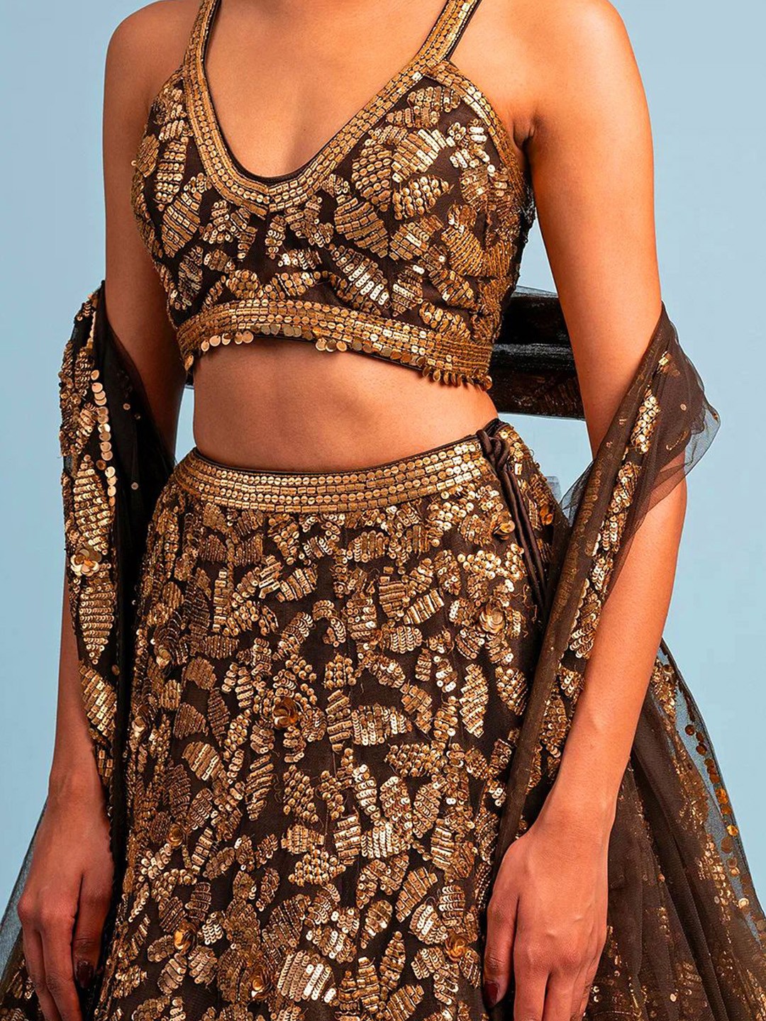 Embroidered Sequinned Net Lehenga & Unstitched Blouse With Dupatta