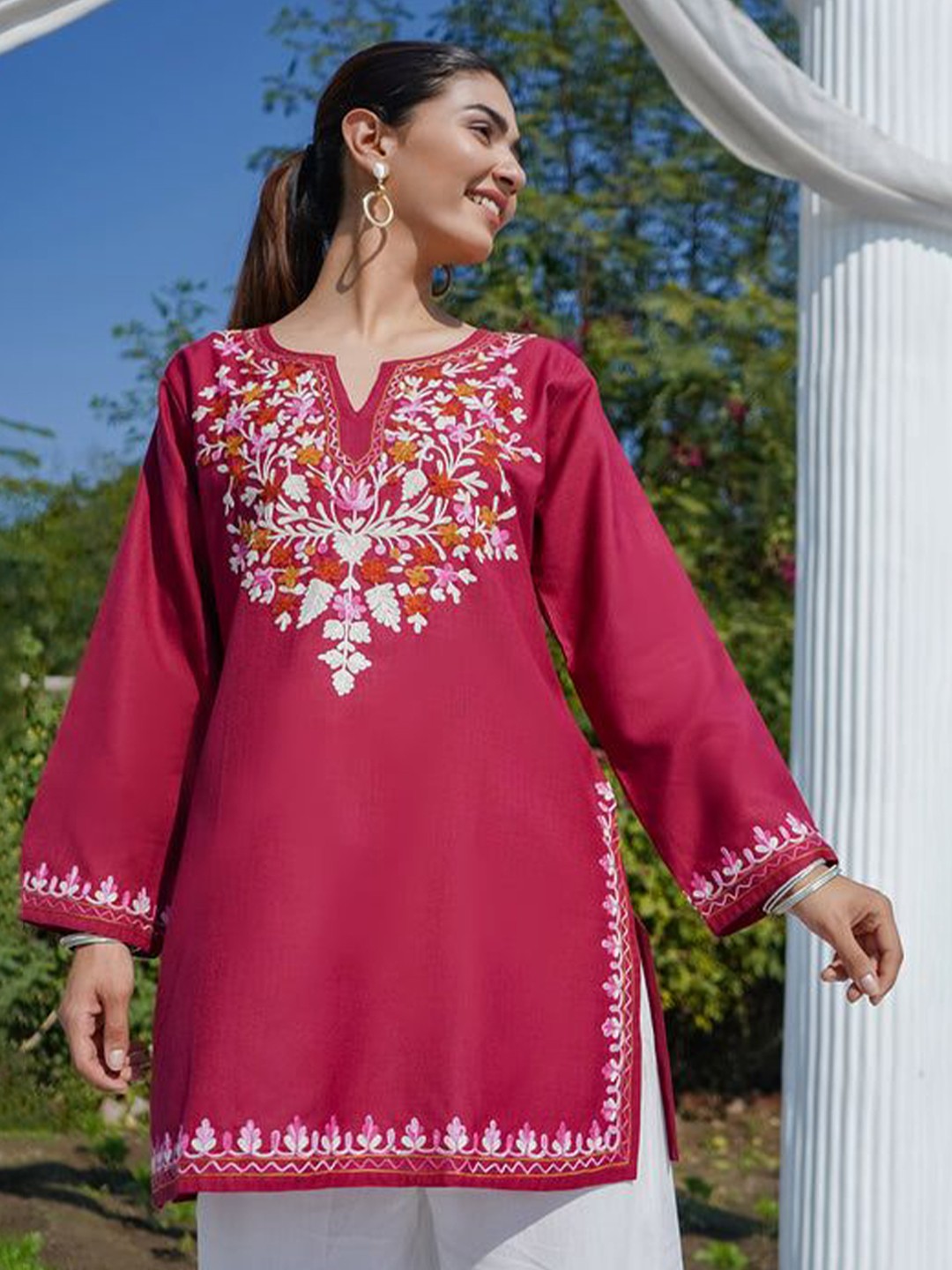 Floral Embroidered Notch Neck Pure Cotton Short Kurta