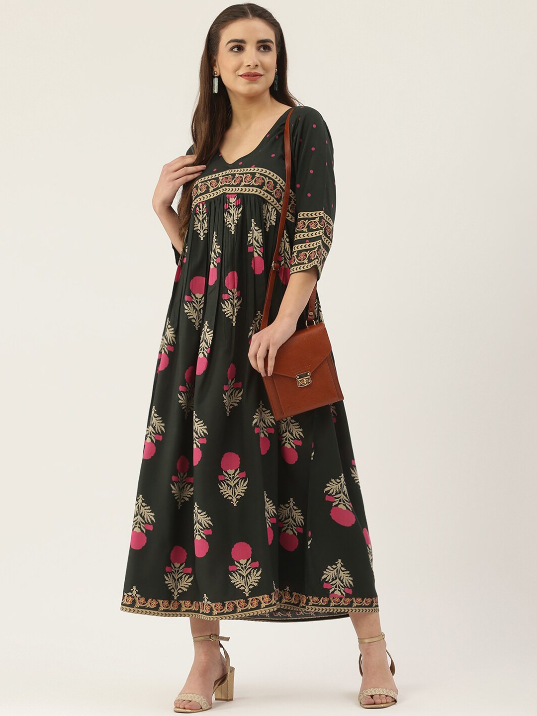 Green & Pink Flora Maxi Dress