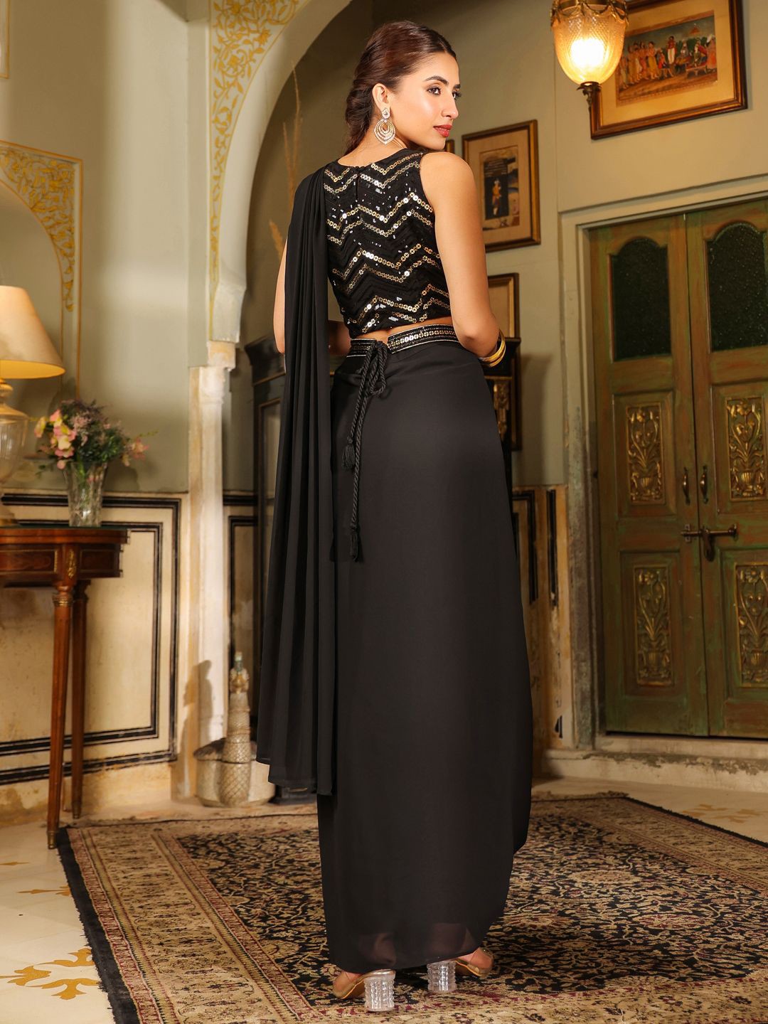 Georgette Sequined Ready To Wear Belted Saree With Blouse