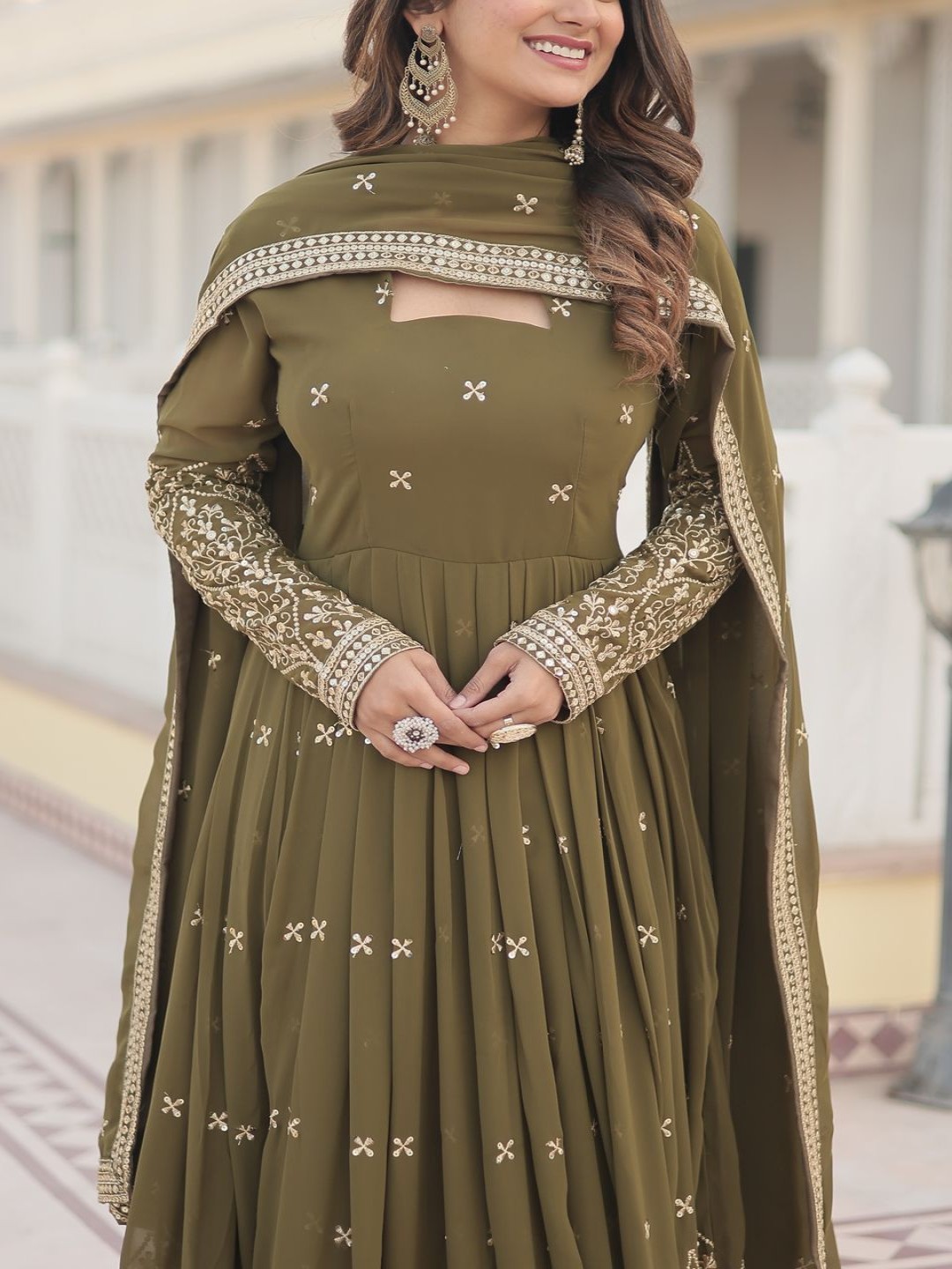 Embroidered Sequence Work Fit & Flared Dress & Dupatta