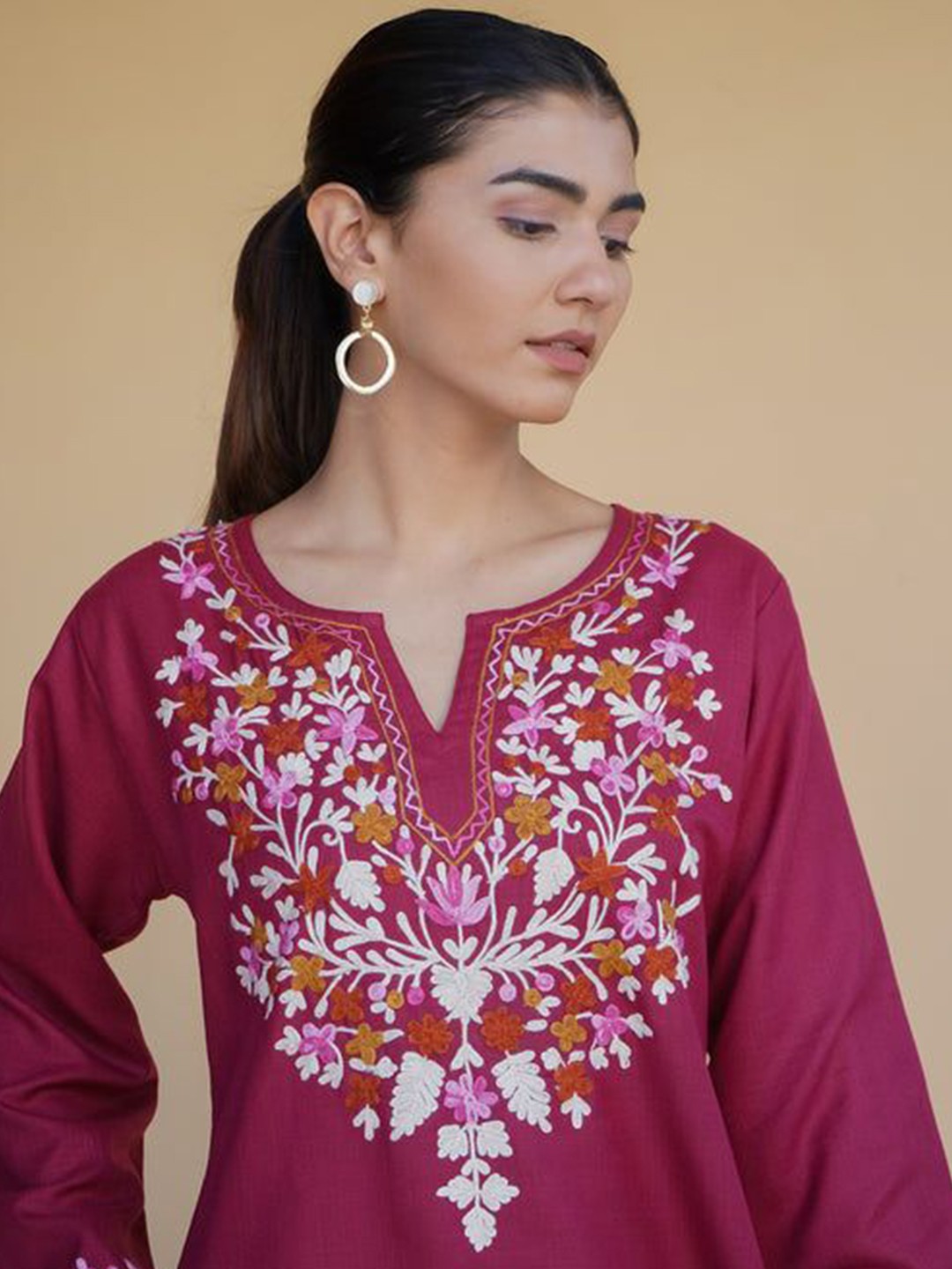 Floral Embroidered Notch Neck Pure Cotton Short Kurta