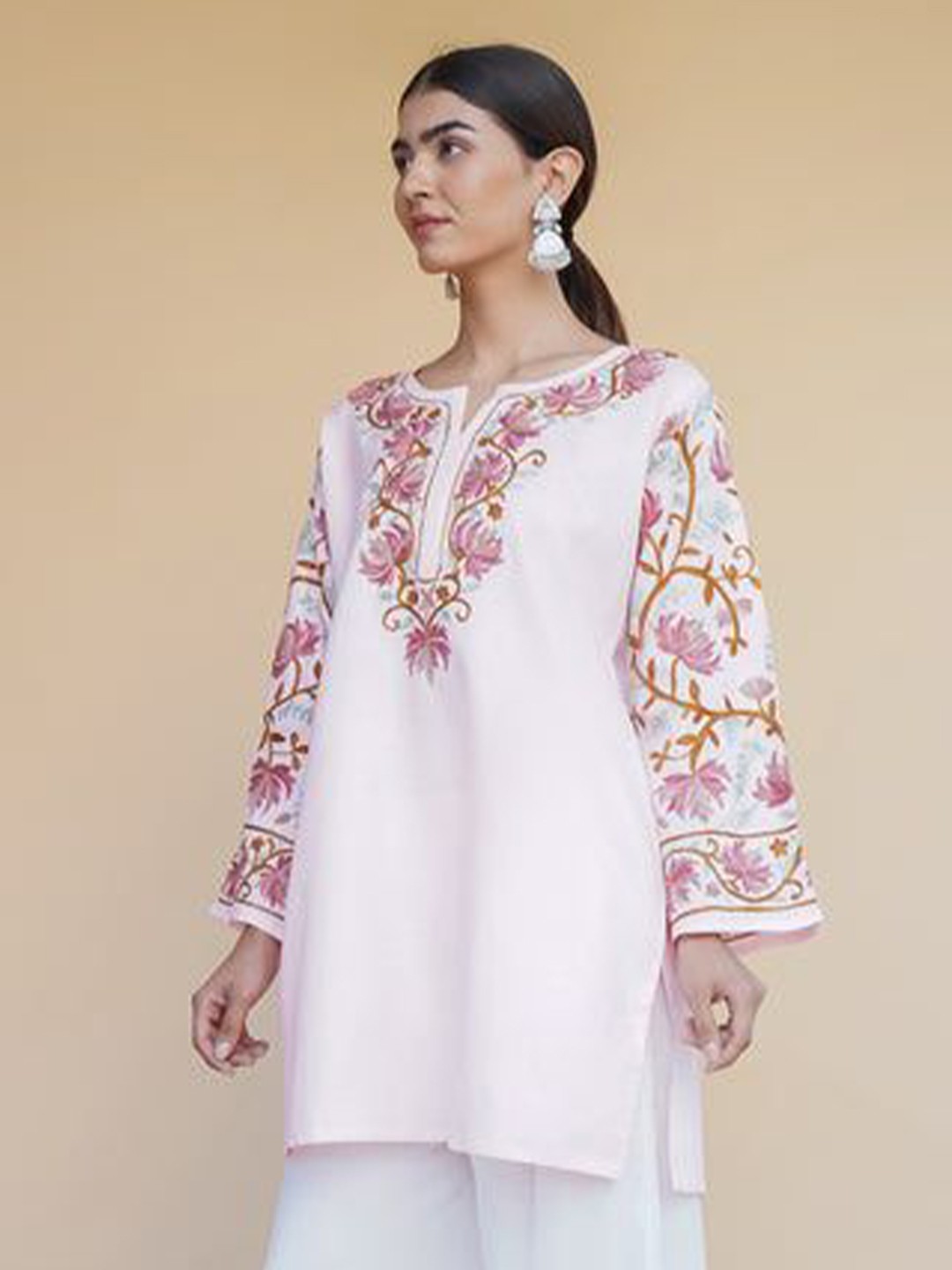 Pink Floral Embroidered Pure Cotton Short Kurti