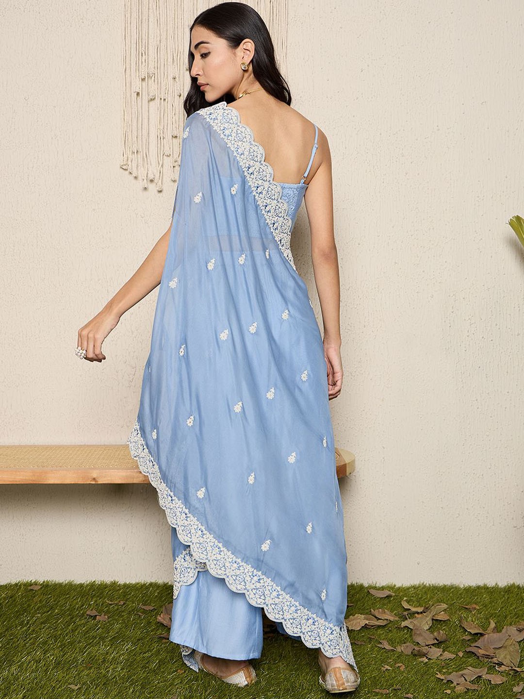 Floral Embroidered Beads And Stones Straight Kurta With Palazzos & Dupatta