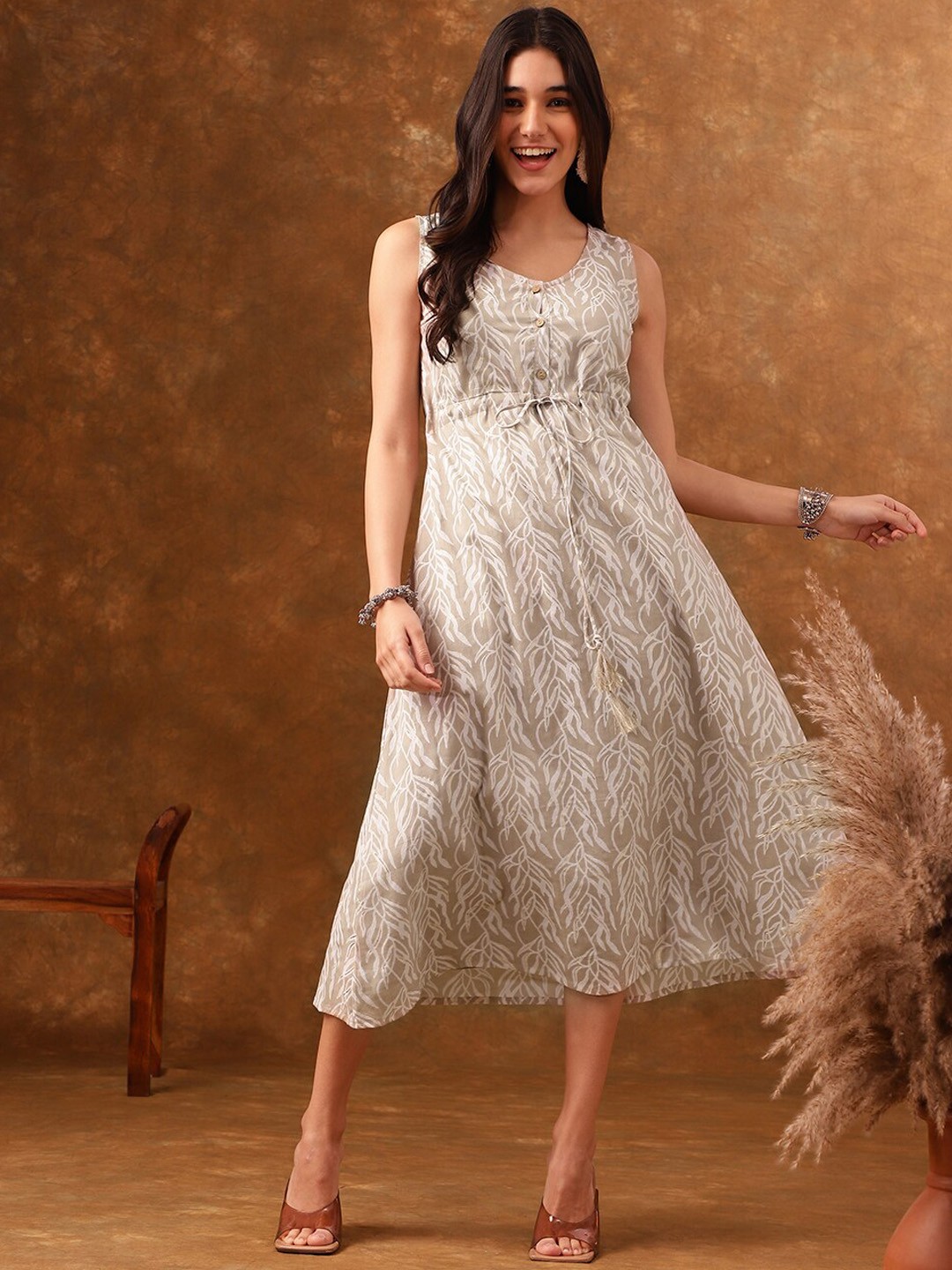 Beige Floral Printed Midi Dress