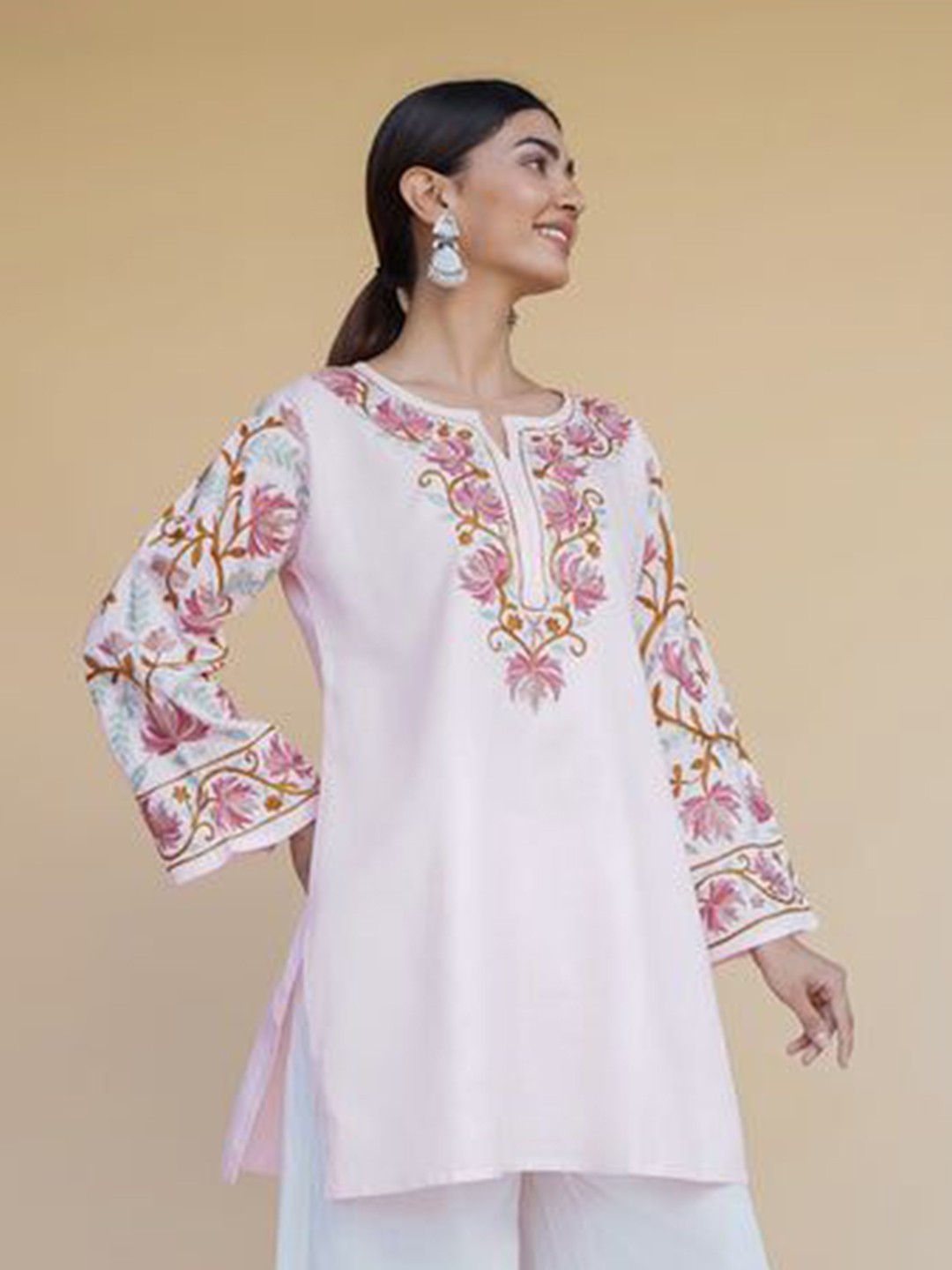 Pink Floral Embroidered Pure Cotton Short Kurti