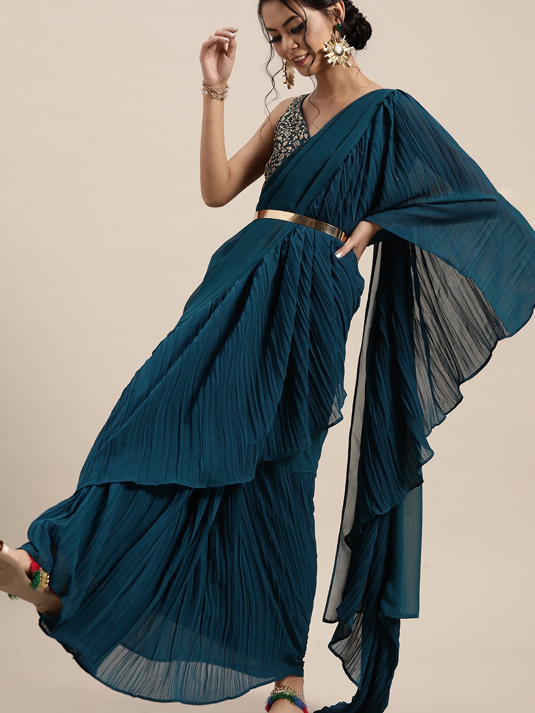 Solid Accordion Pleat Ruffles Saree with Embroidered Blouse