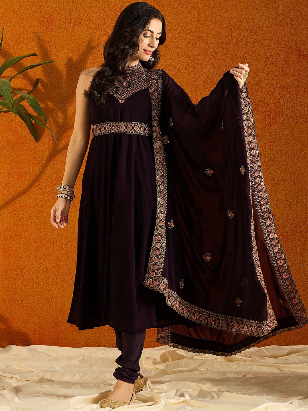 Embroidered Anarkali Beads And Stones Kurta with Trousers & Dupatta