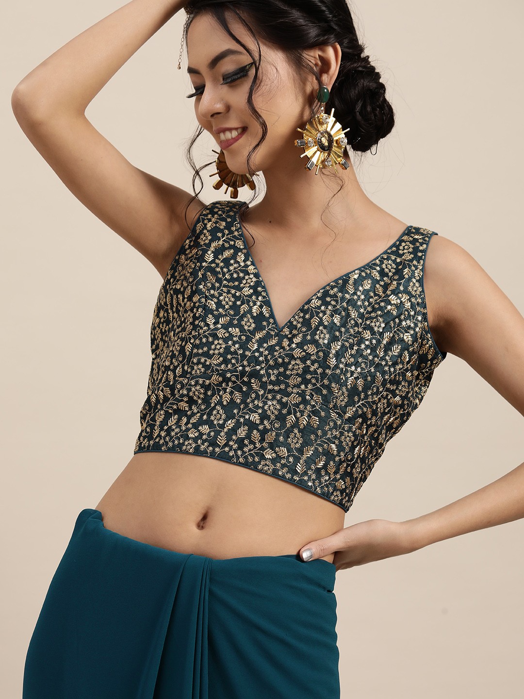 Solid Accordion Pleat Ruffles Saree with Embroidered Blouse