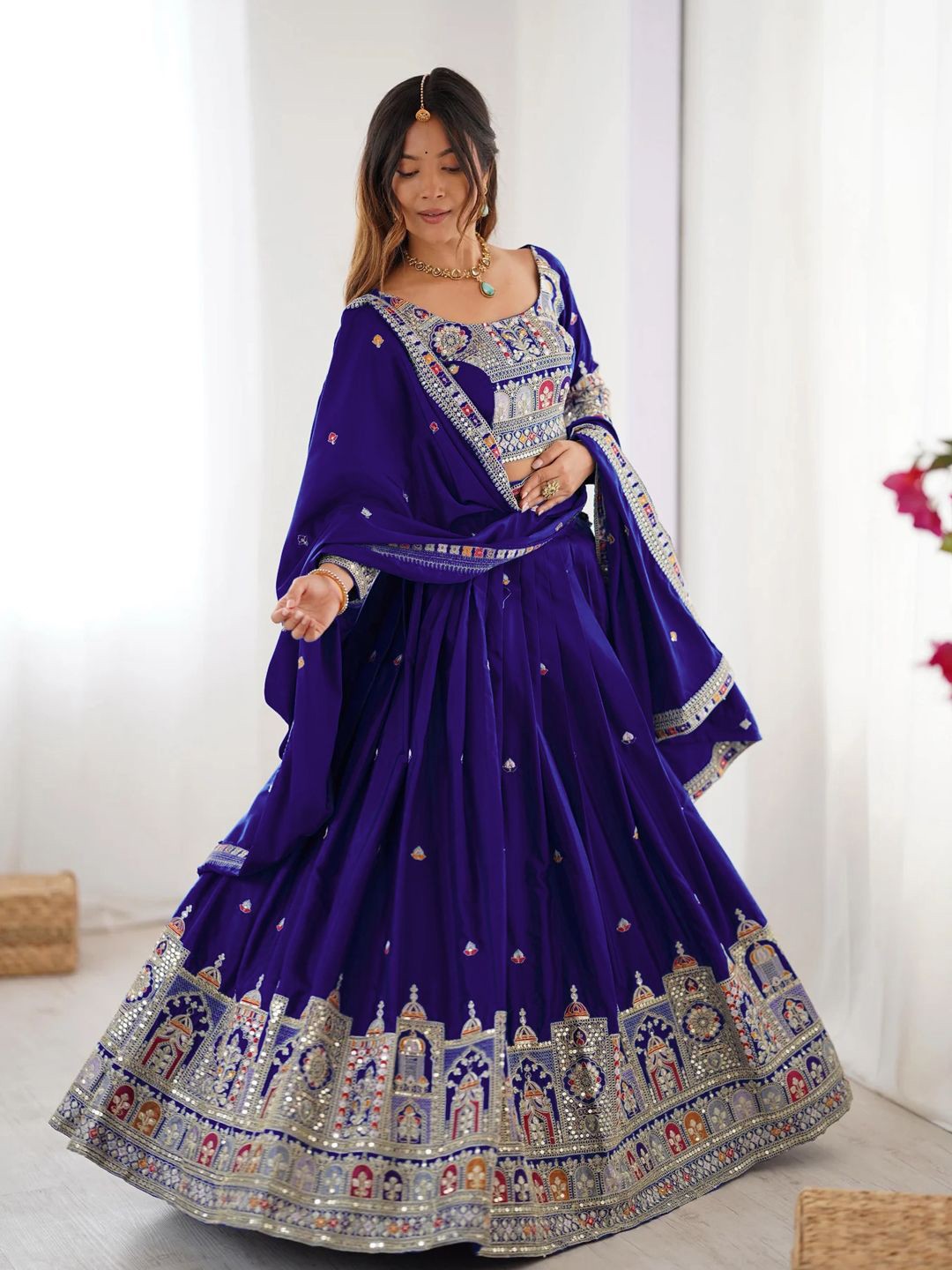Embroidered Semi-Stitched Lehenga & Unstitched Blouse With Dupatta