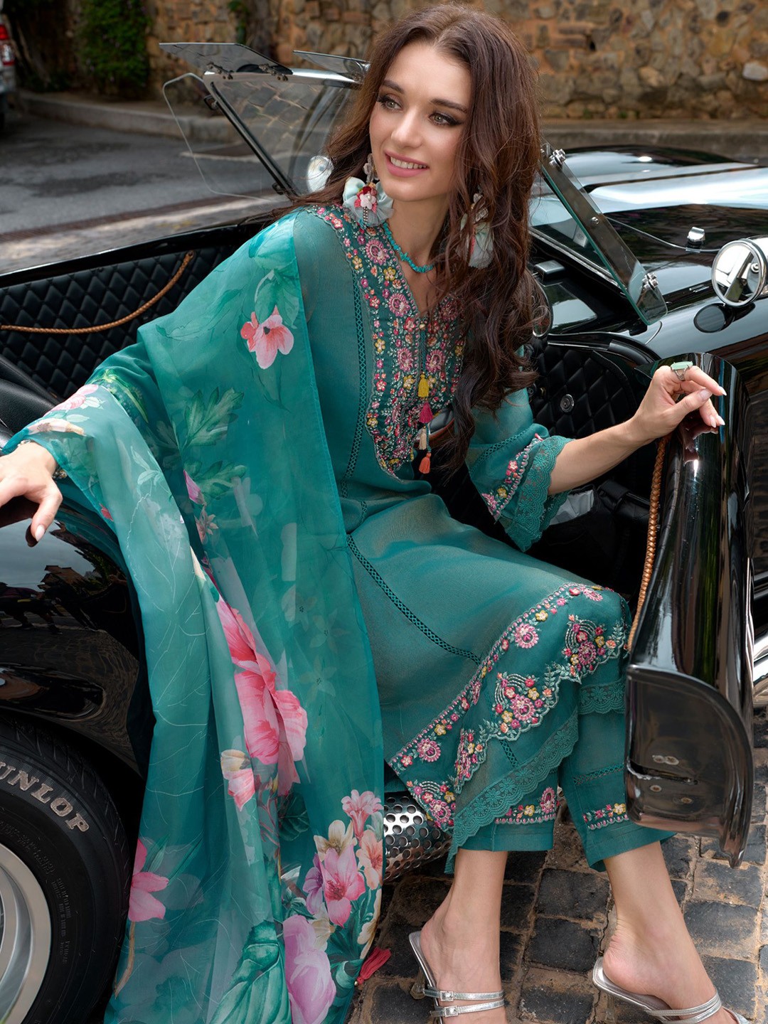 Floral Embroidered  Thread Work Kurta with Trousers & With Dupatta