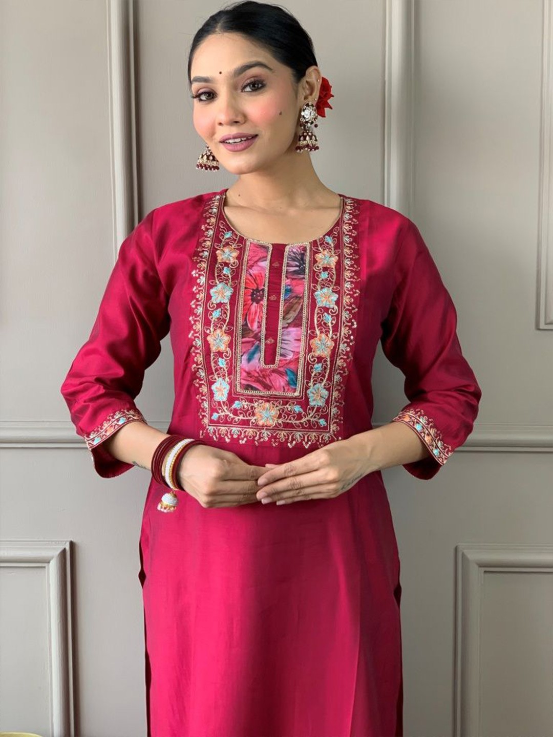 Embroidered Sequinned Chanderi Silk A-Line Kurti