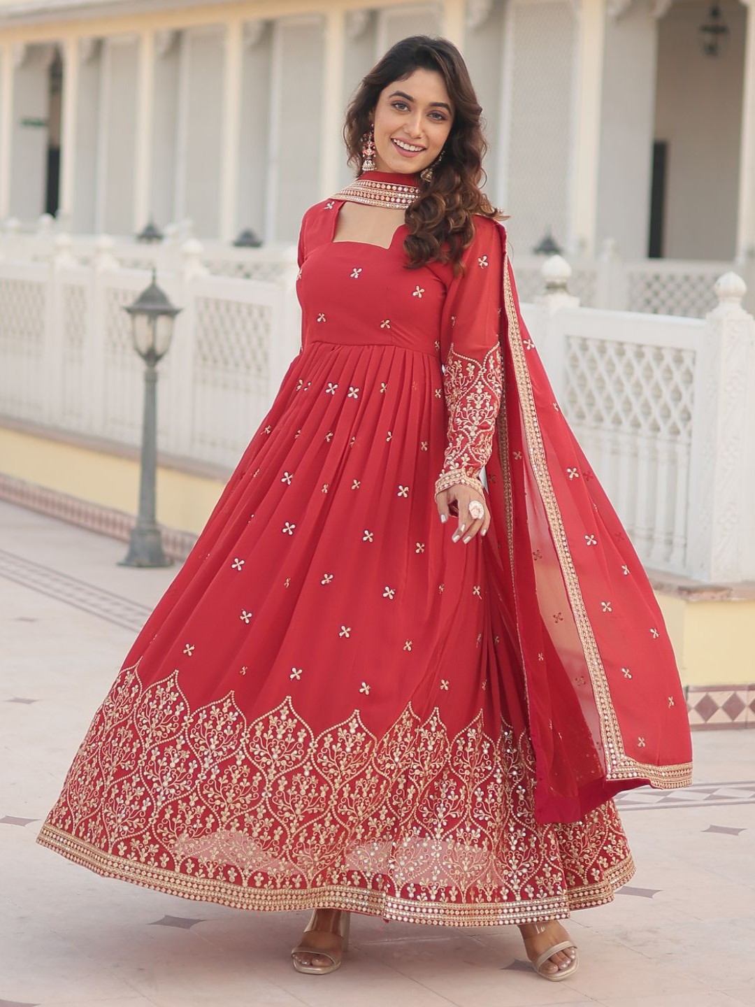 Embroidered Sequence Work Fit & Flared Dress & Dupatta