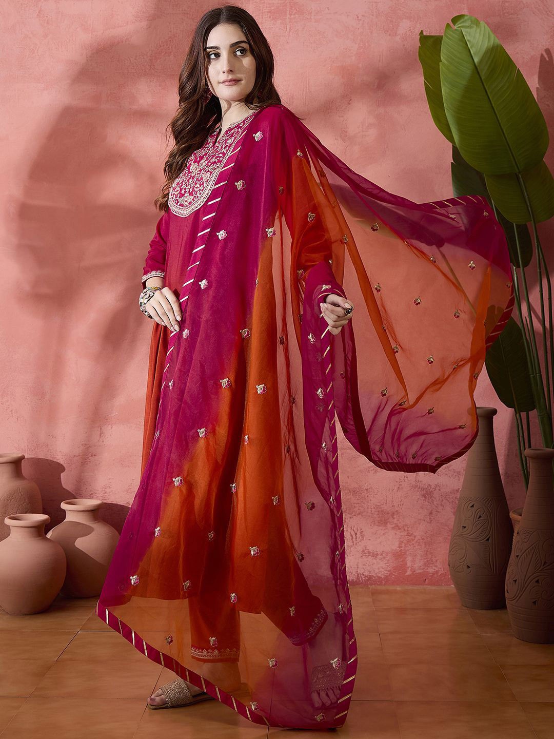 Pink Floral Embroidered Mandarin Collar A-Line Kurta 