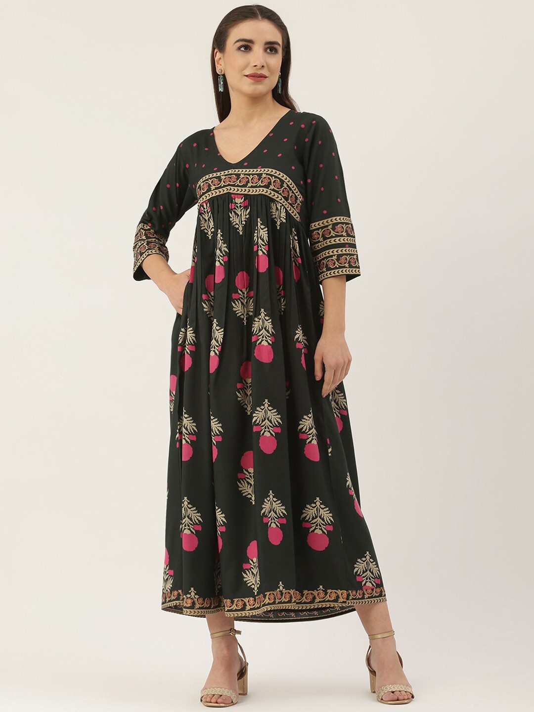Green & Pink Flora Maxi Dress