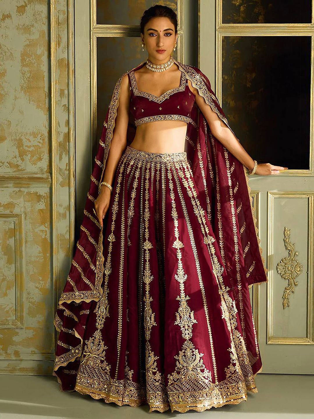 Embroidered Sequinned Semi-Stitched Lehenga