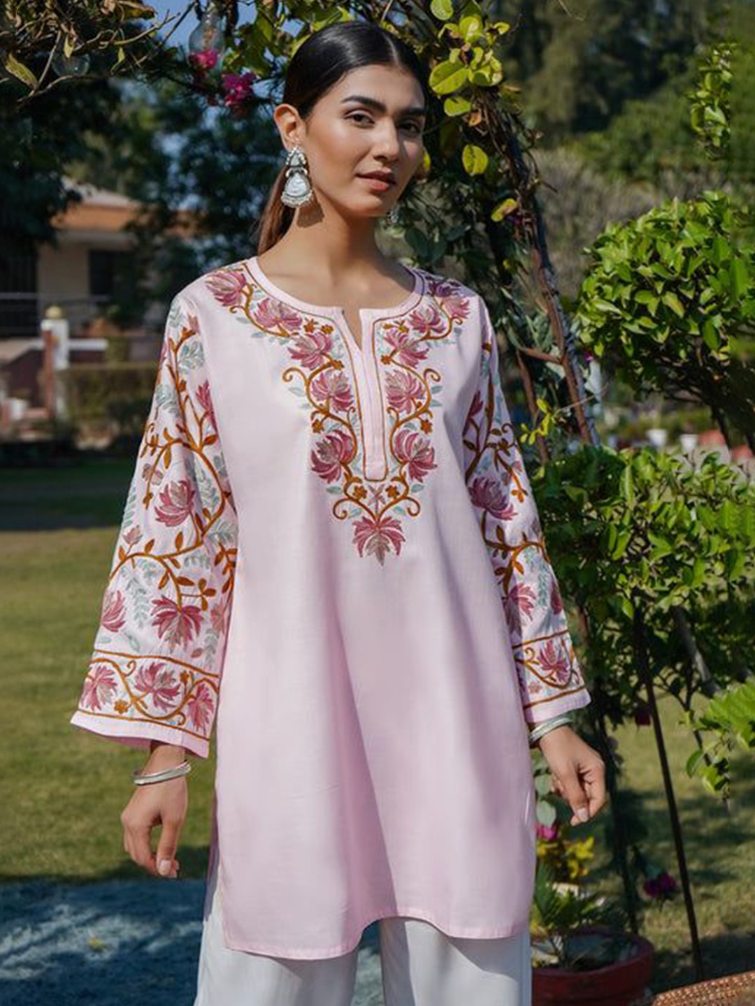 Pink Floral Embroidered Pure Cotton Short Kurti