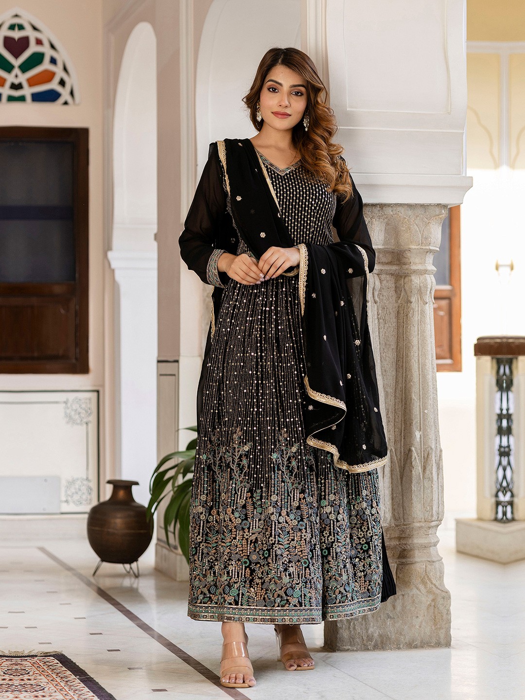 Floral Embroidered V-Neck Sequinned Georgette Kurta With Trousers & Dupatta