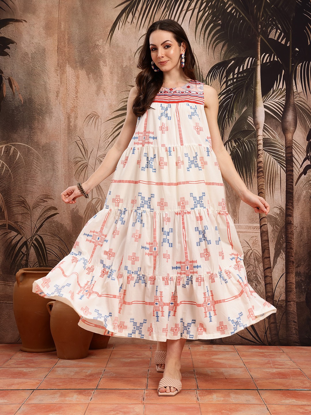 Printed Tiered A-Line Midi Dress