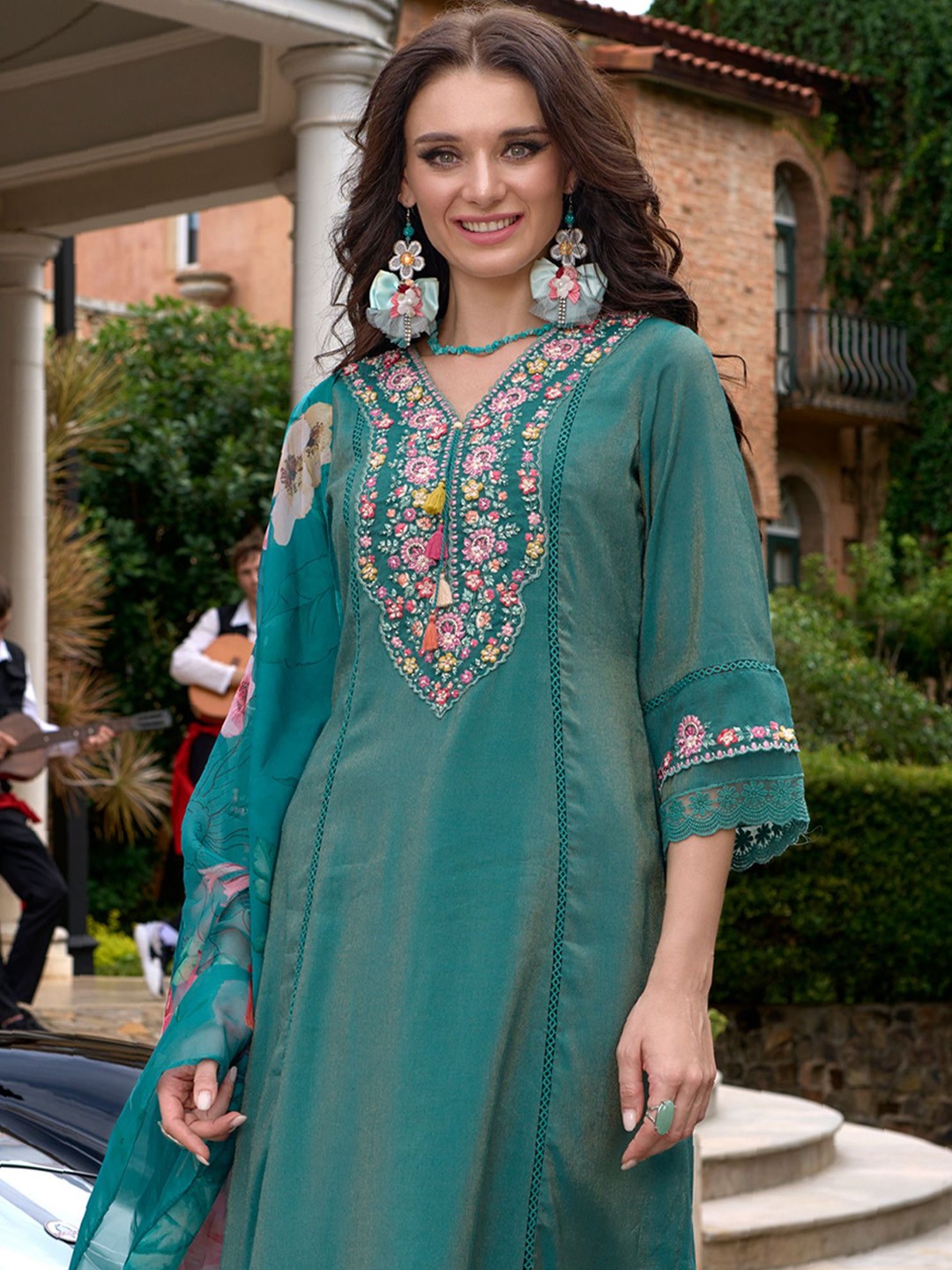 Floral Embroidered  Thread Work Kurta with Trousers & With Dupatta