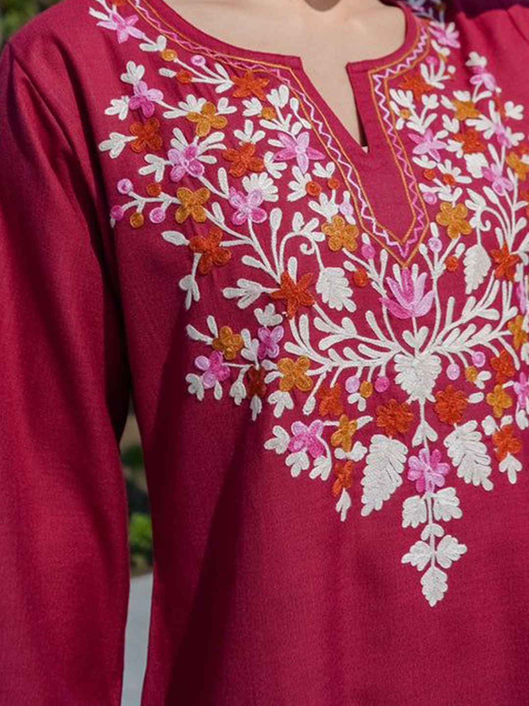 Floral Embroidered Notch Neck Pure Cotton Short Kurta
