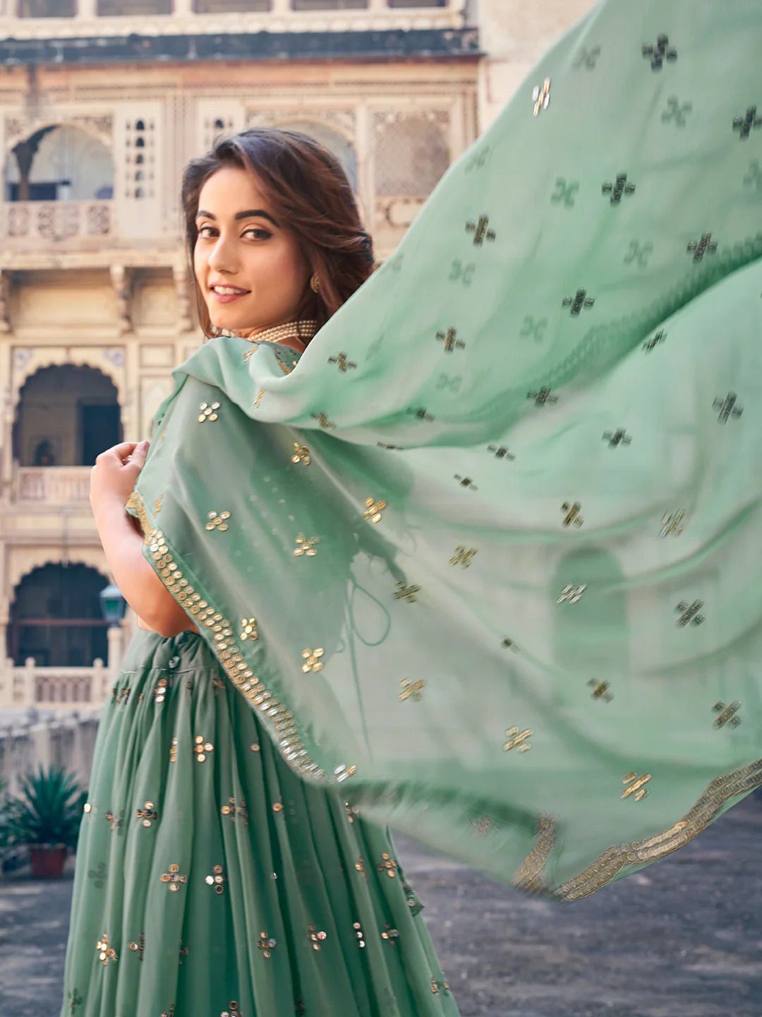 Embroidered Mirror Work Lehenga & Unstitched Blouse With Dupatta