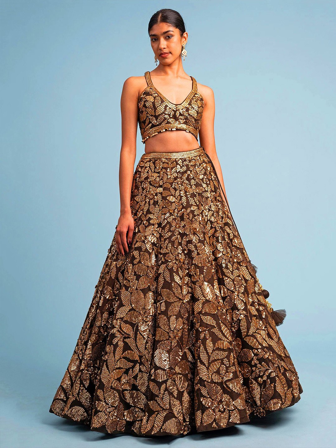 Embroidered Sequinned Net Lehenga & Unstitched Blouse With Dupatta