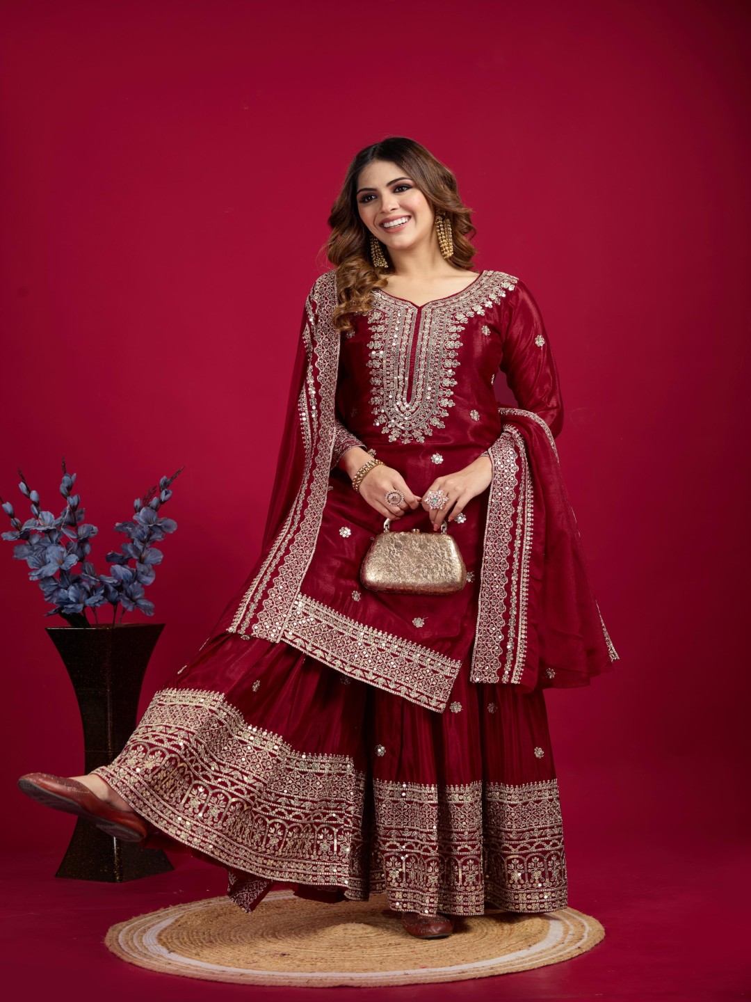 Floral Embroidered Sequinned Straight Kurta With Palazzos & Dupatta