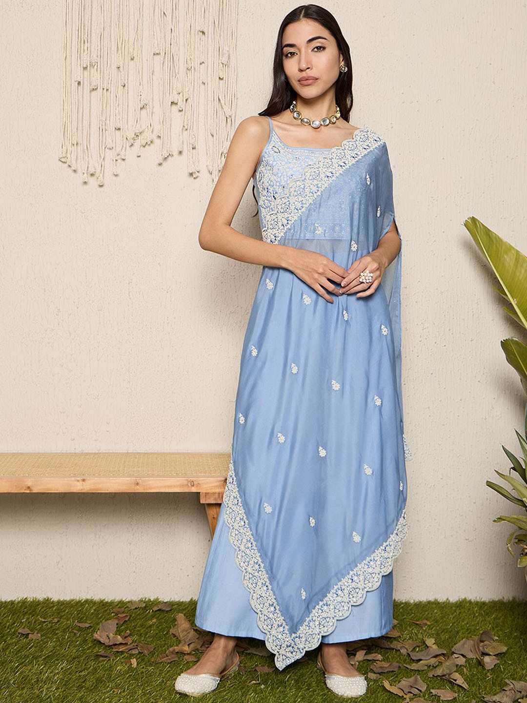 Floral Embroidered Beads And Stones Straight Kurta With Palazzos & Dupatta
