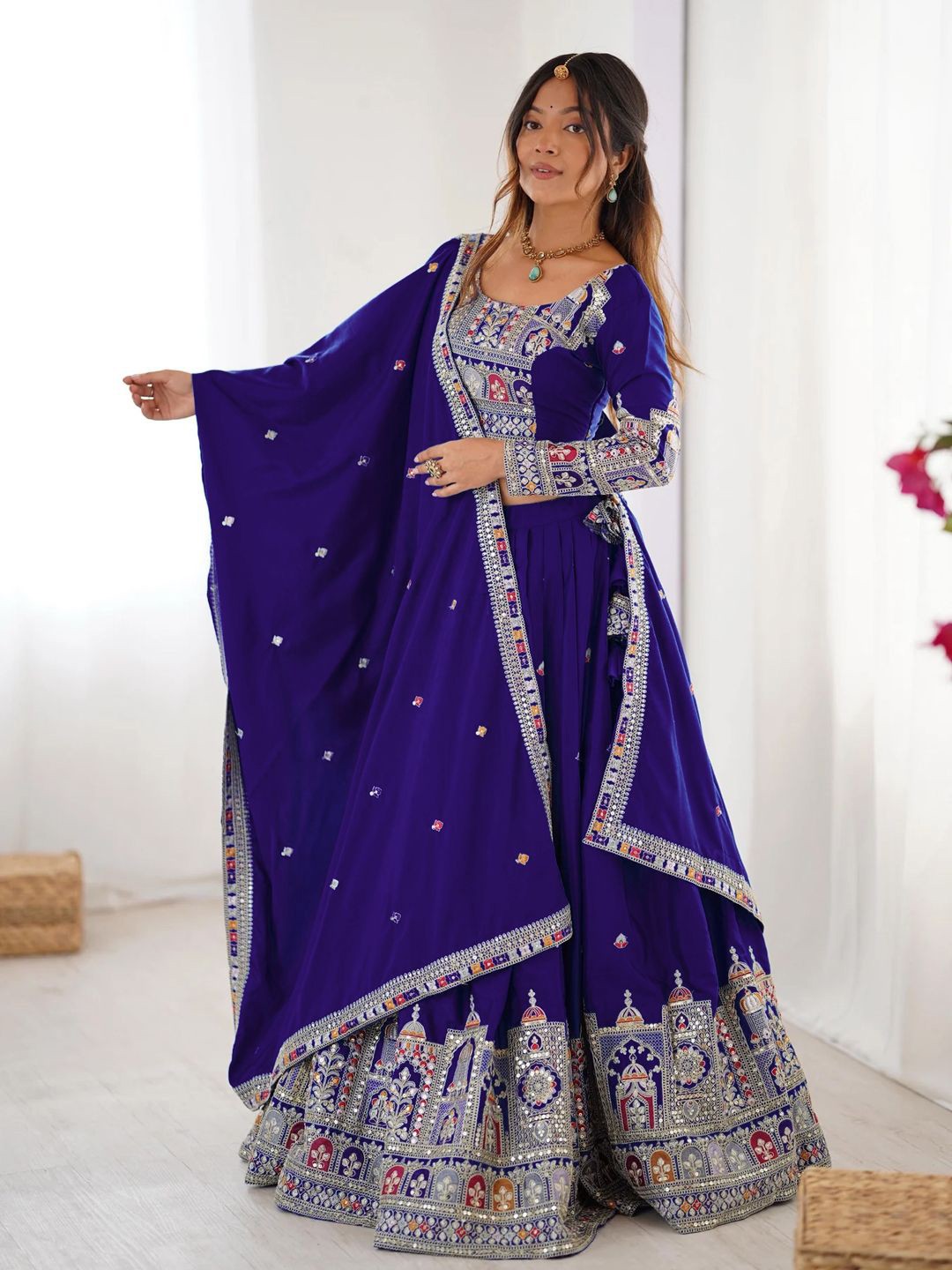 Embroidered Semi-Stitched Lehenga & Unstitched Blouse With Dupatta