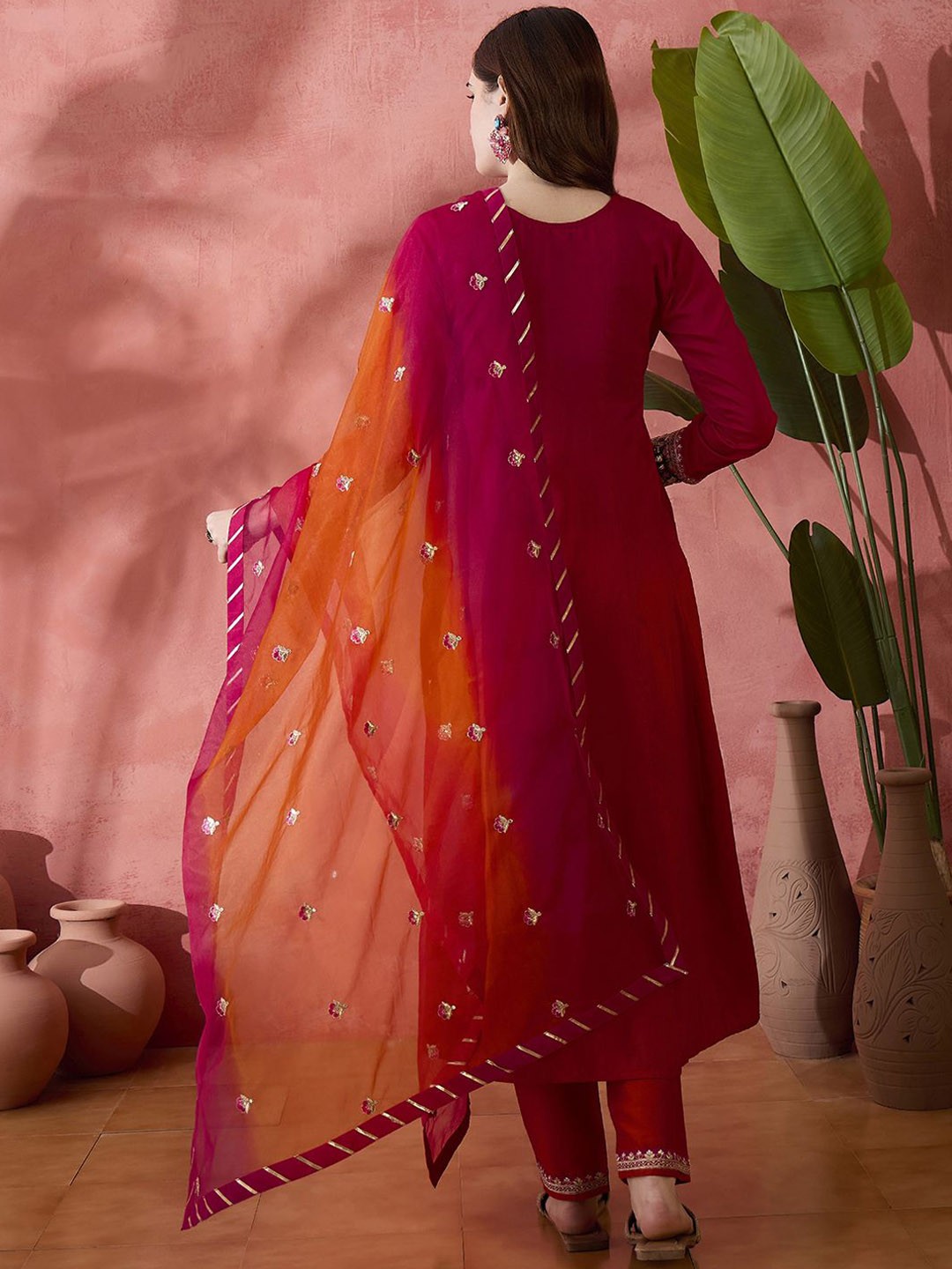 Pink Floral Embroidered Mandarin Collar A-Line Kurta 