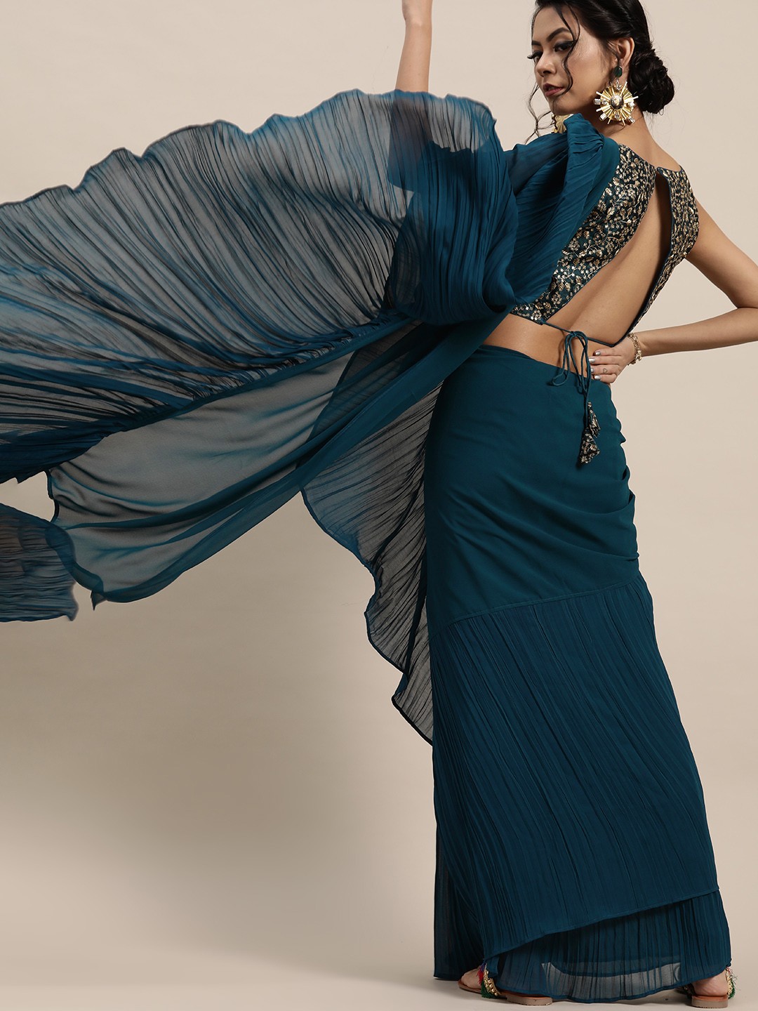 Solid Accordion Pleat Ruffles Saree with Embroidered Blouse