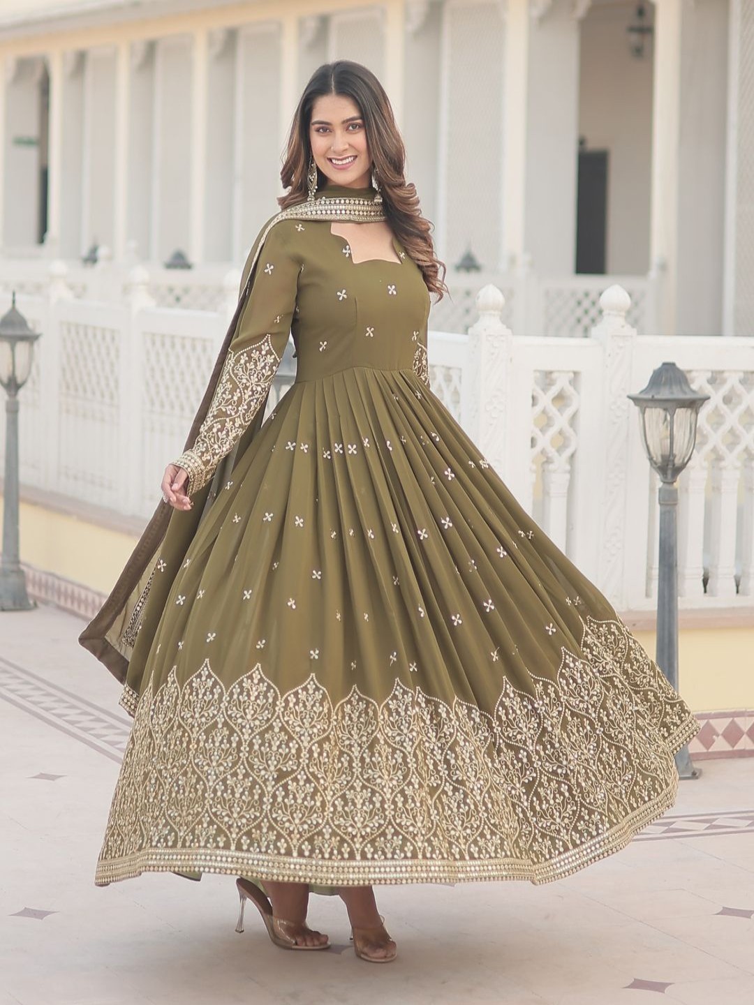 Embroidered Sequence Work Fit & Flared Dress & Dupatta
