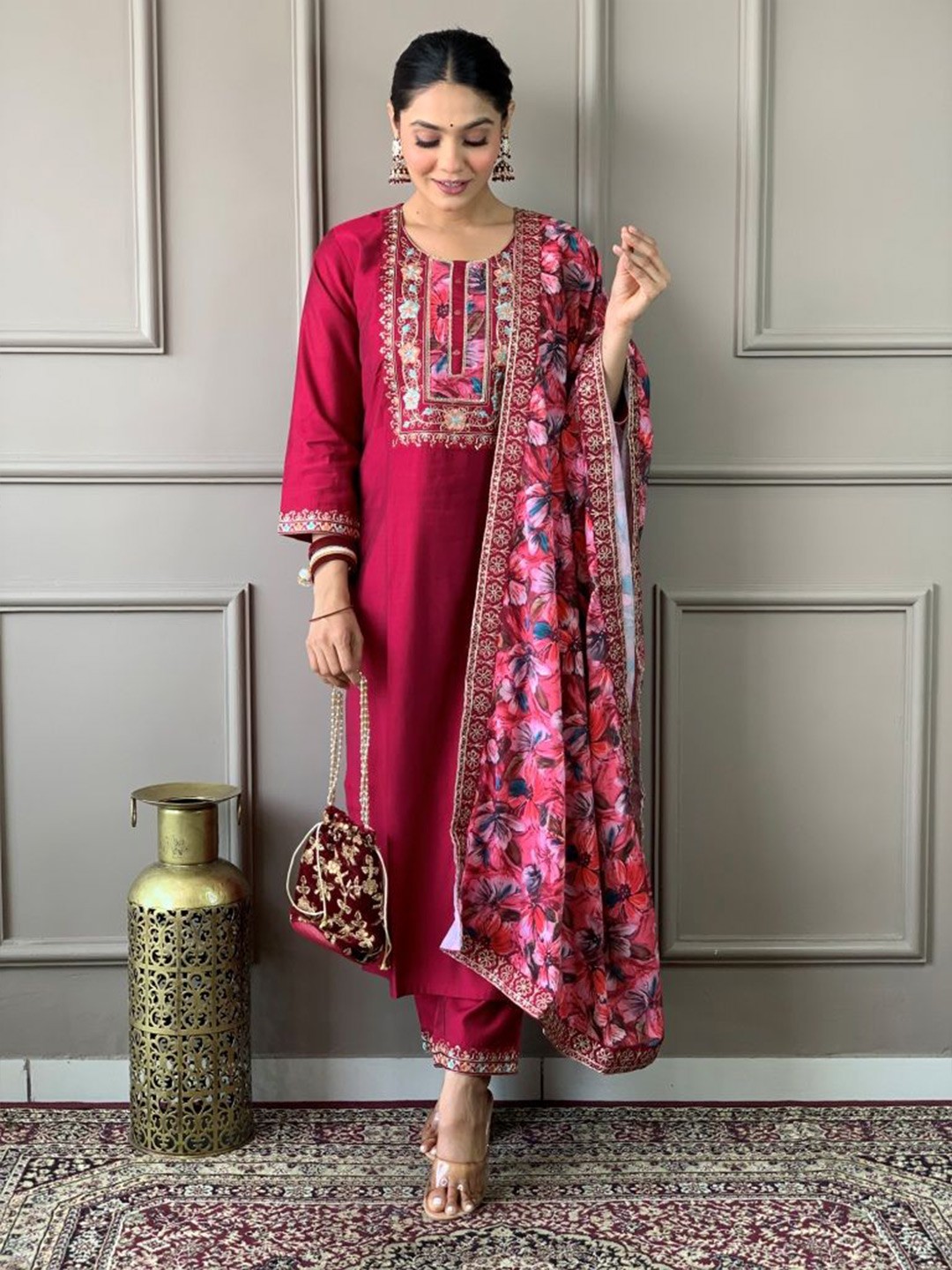 Embroidered Sequinned Chanderi Silk A-Line Kurti